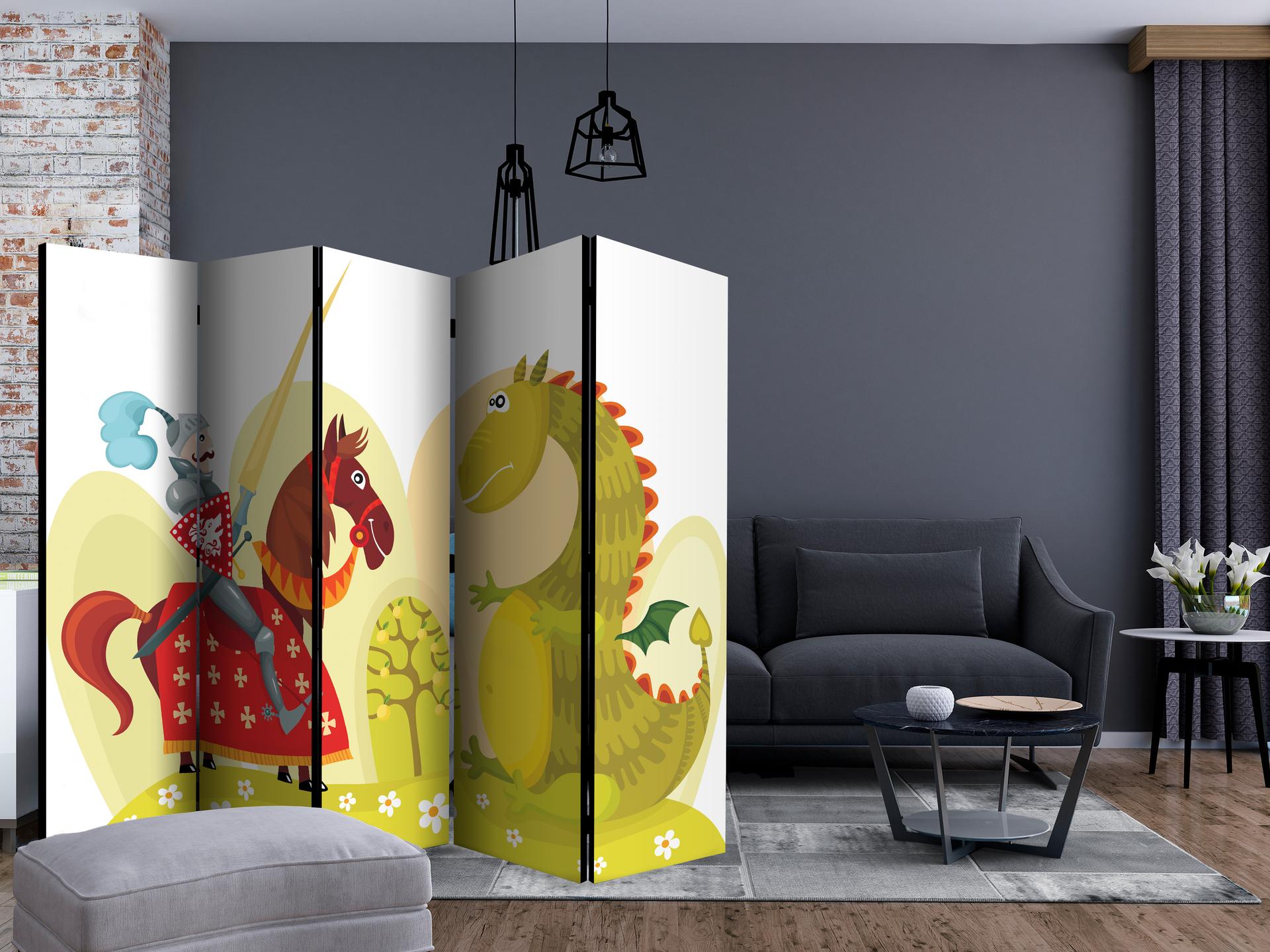 Schermo divisorio - Drago e cavaliere , 5 pezzi - 225x172 cm