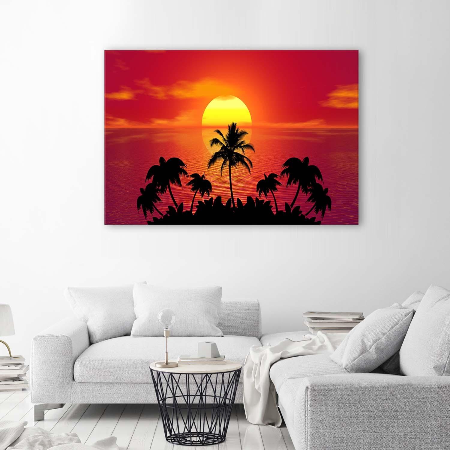 Canvasbillede, Solnedgang og palmer