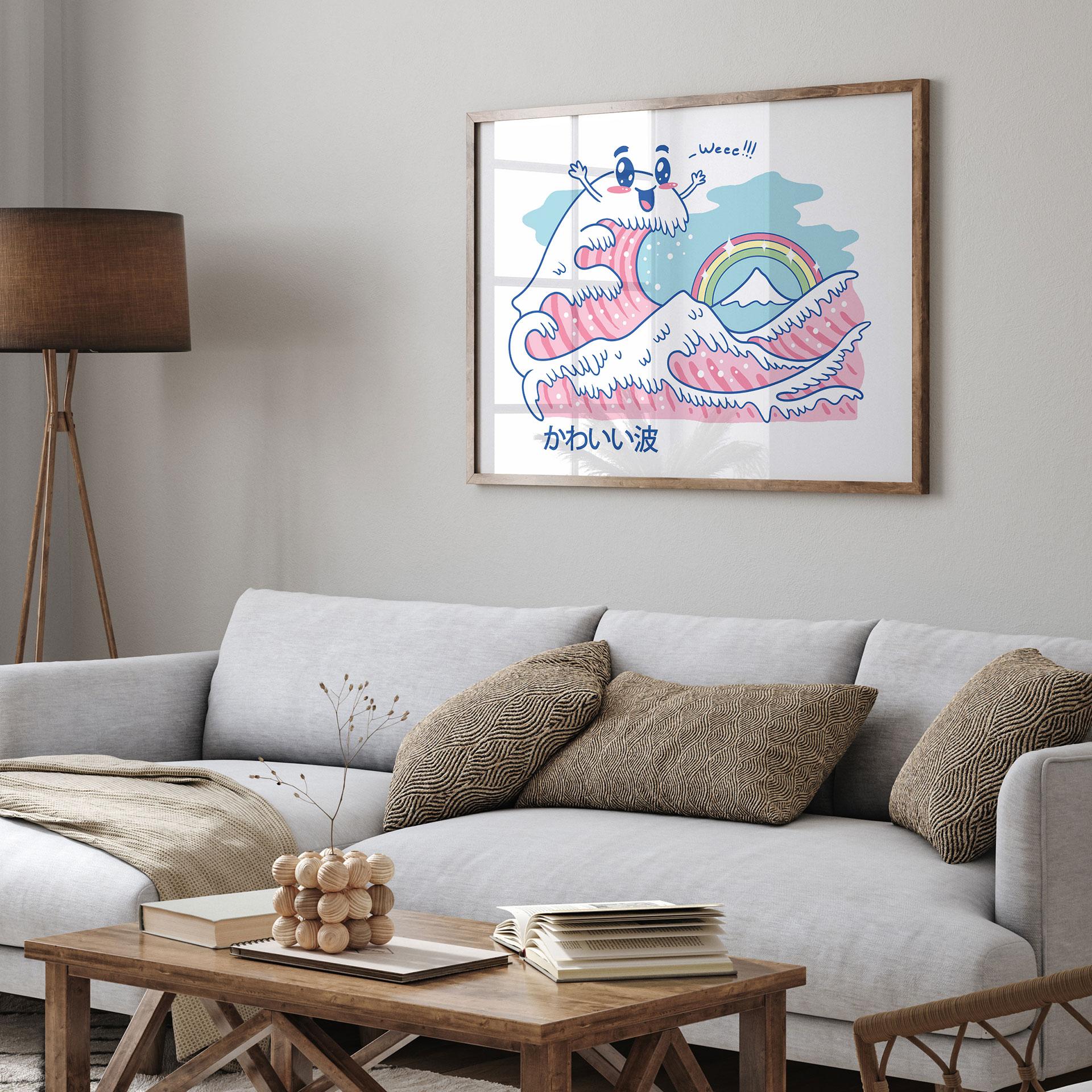 Plakat Kawaii-bølge med regnbue og Fuji-bjerget