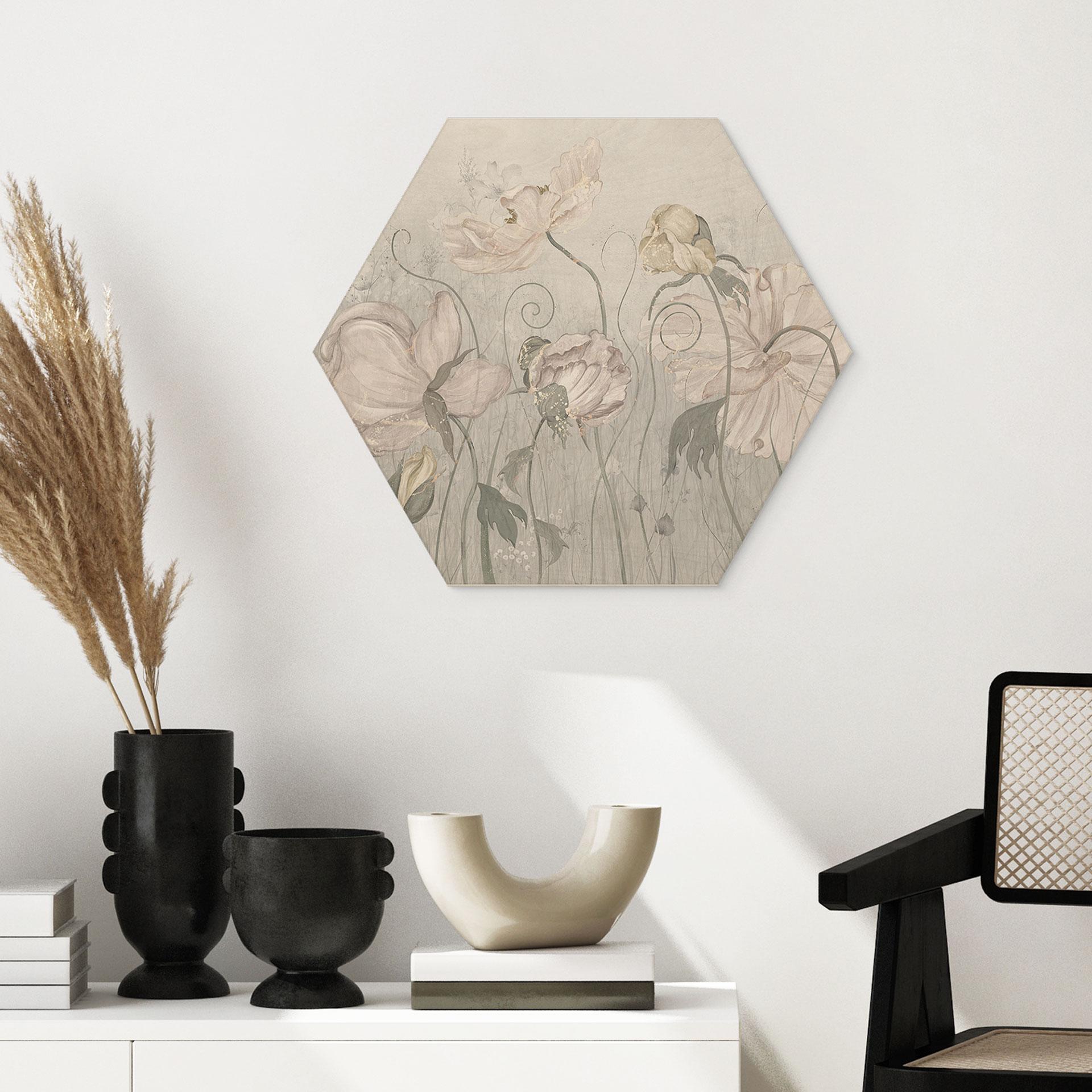 Hexagon Holzbild Blumen im Vintage Stil in Grau - Ms Tiff