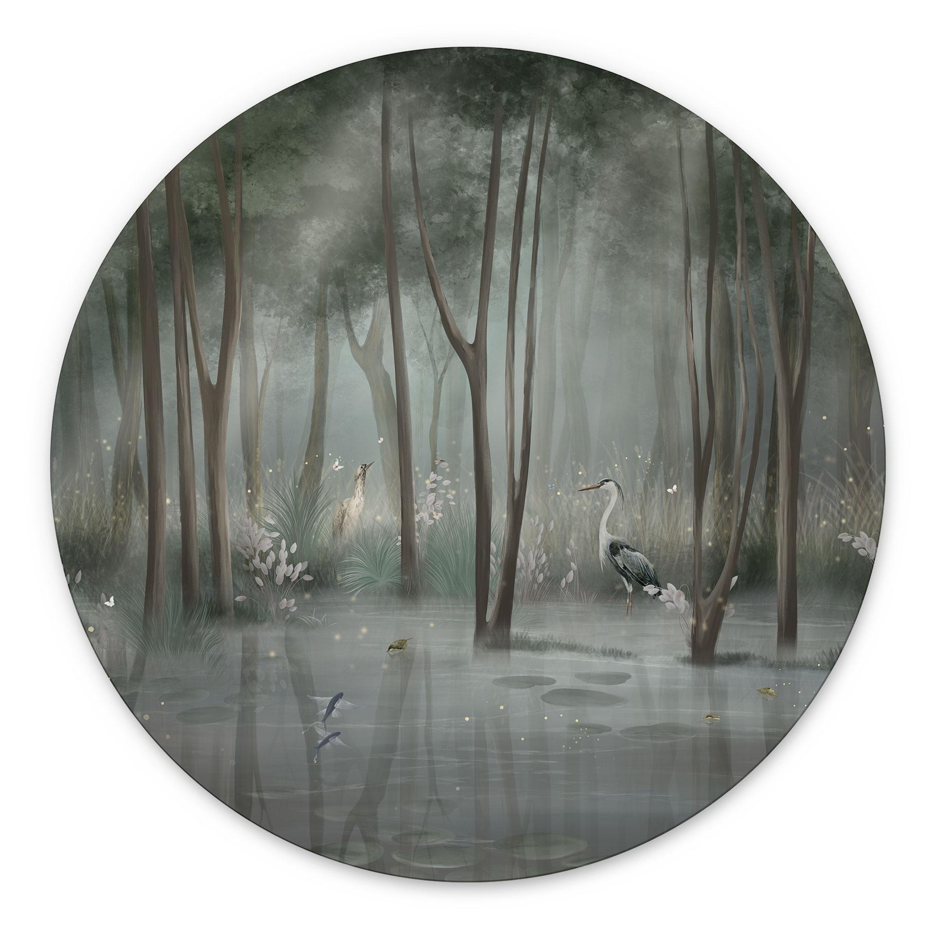 Wanddecoratie nevelwoud aan het meer met reiger in het groen - Ms Tiff - Alu-Dibond Rond