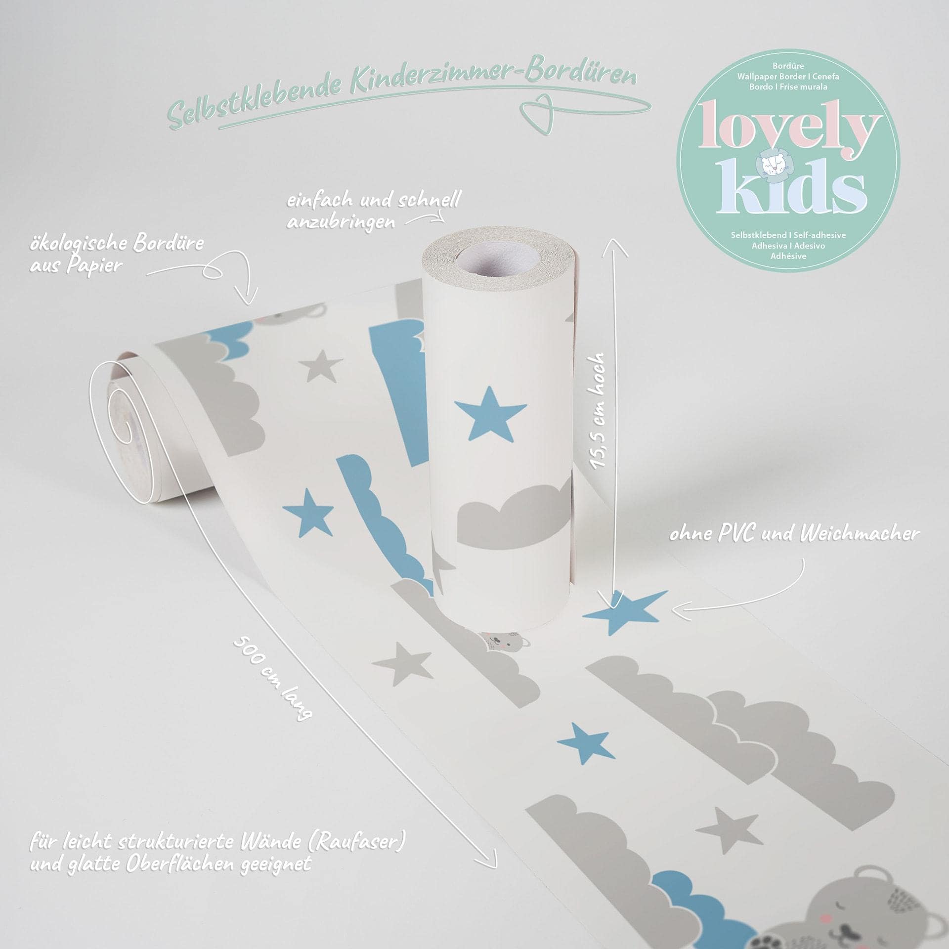 A.S. Création Lovely Kids Frise autocollante enfant - Bleu, Blanc