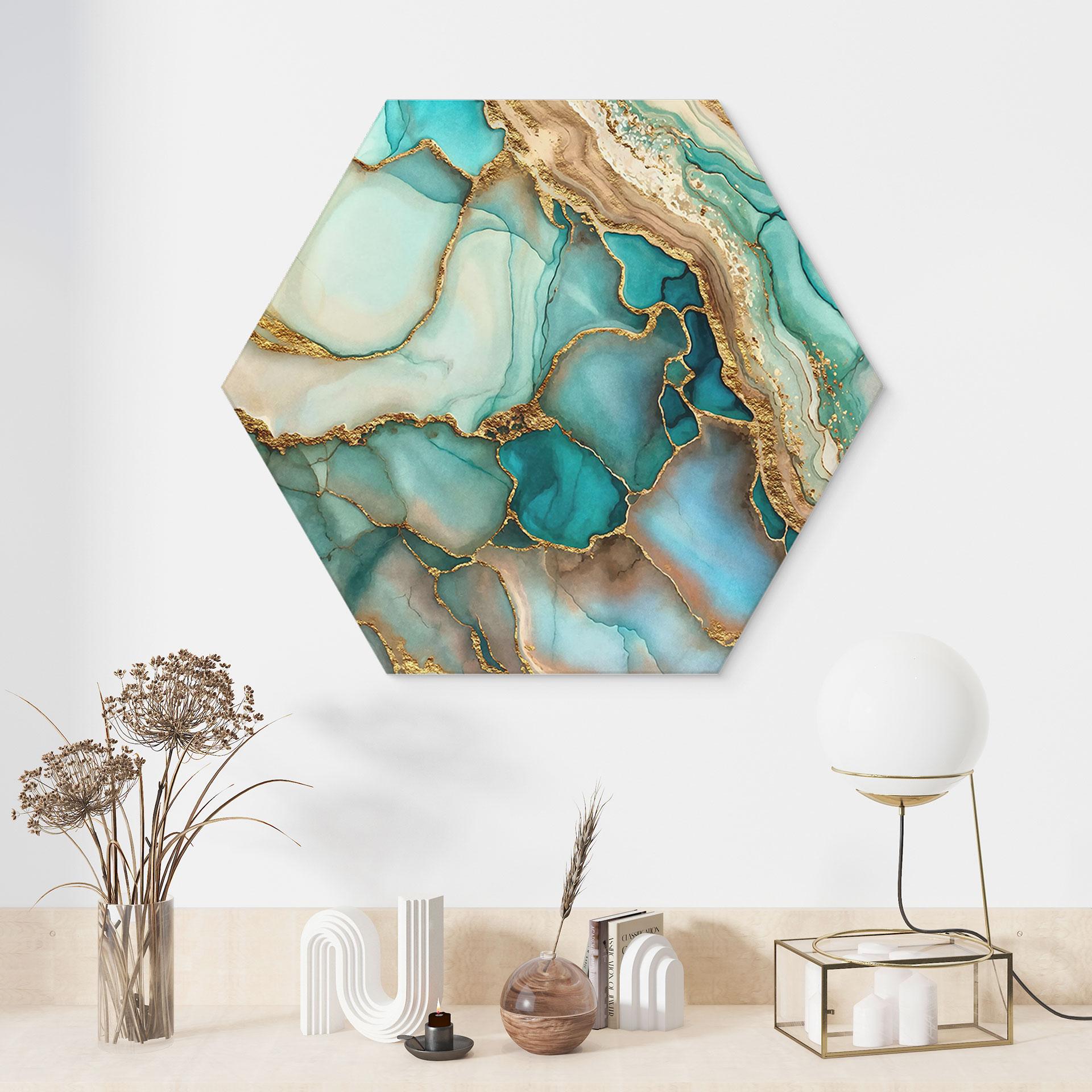 Hexagon Wandbild Marmorierte Wellen in Türkis und Gold - Haase - Alu-Dibond