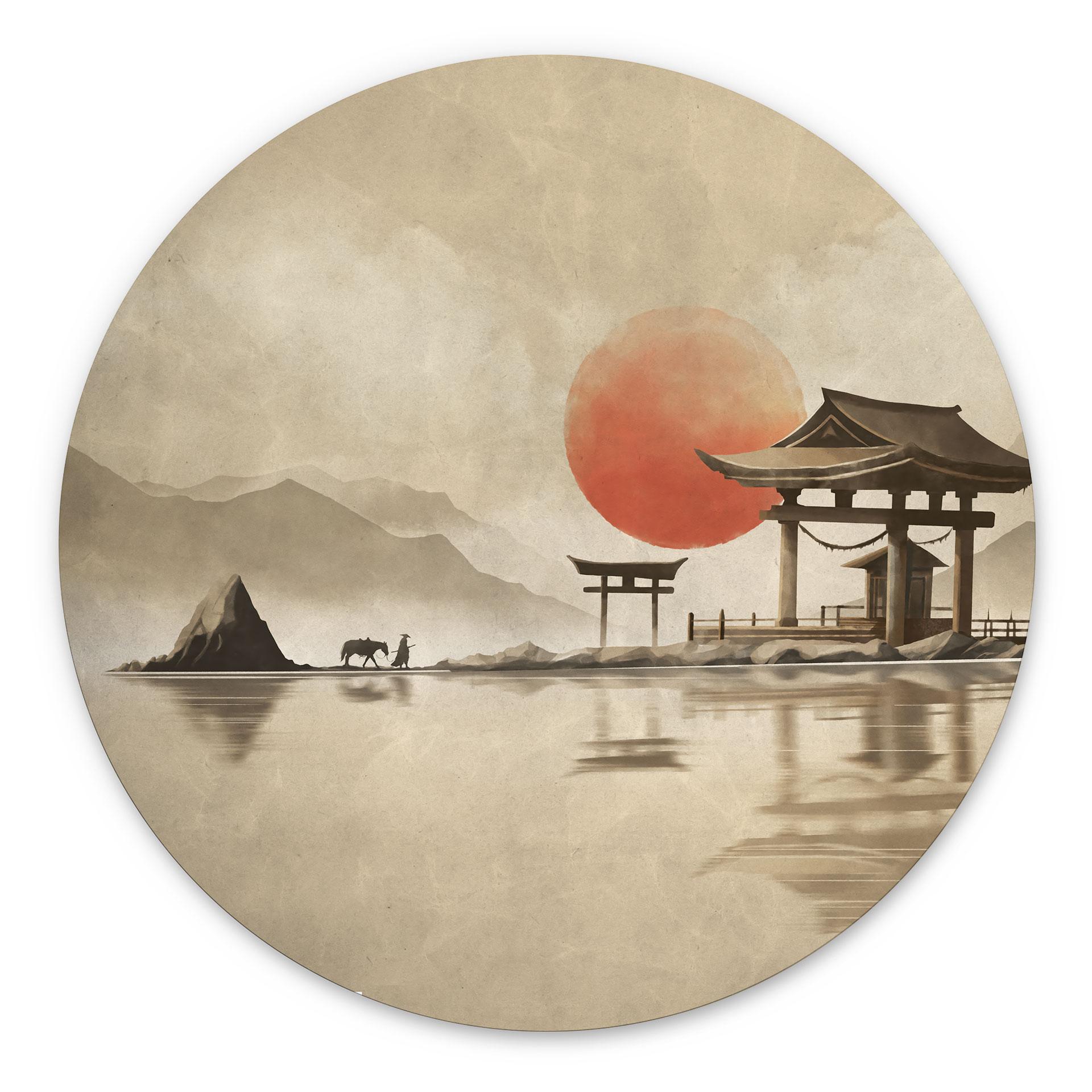Billede af japansk tempel ved solopgang - Roze - rund – print på aluminium (Alu-Dibond)
