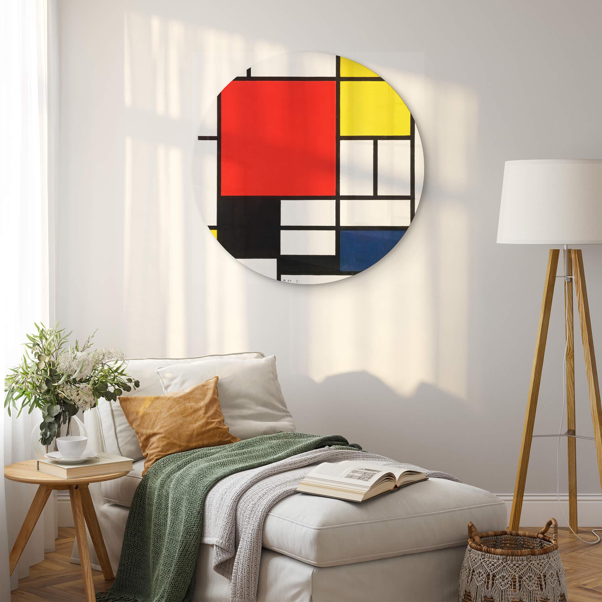 Glasschilderij Rond Mondriaan - Compositie met Rood Geel Blauw en Zwart