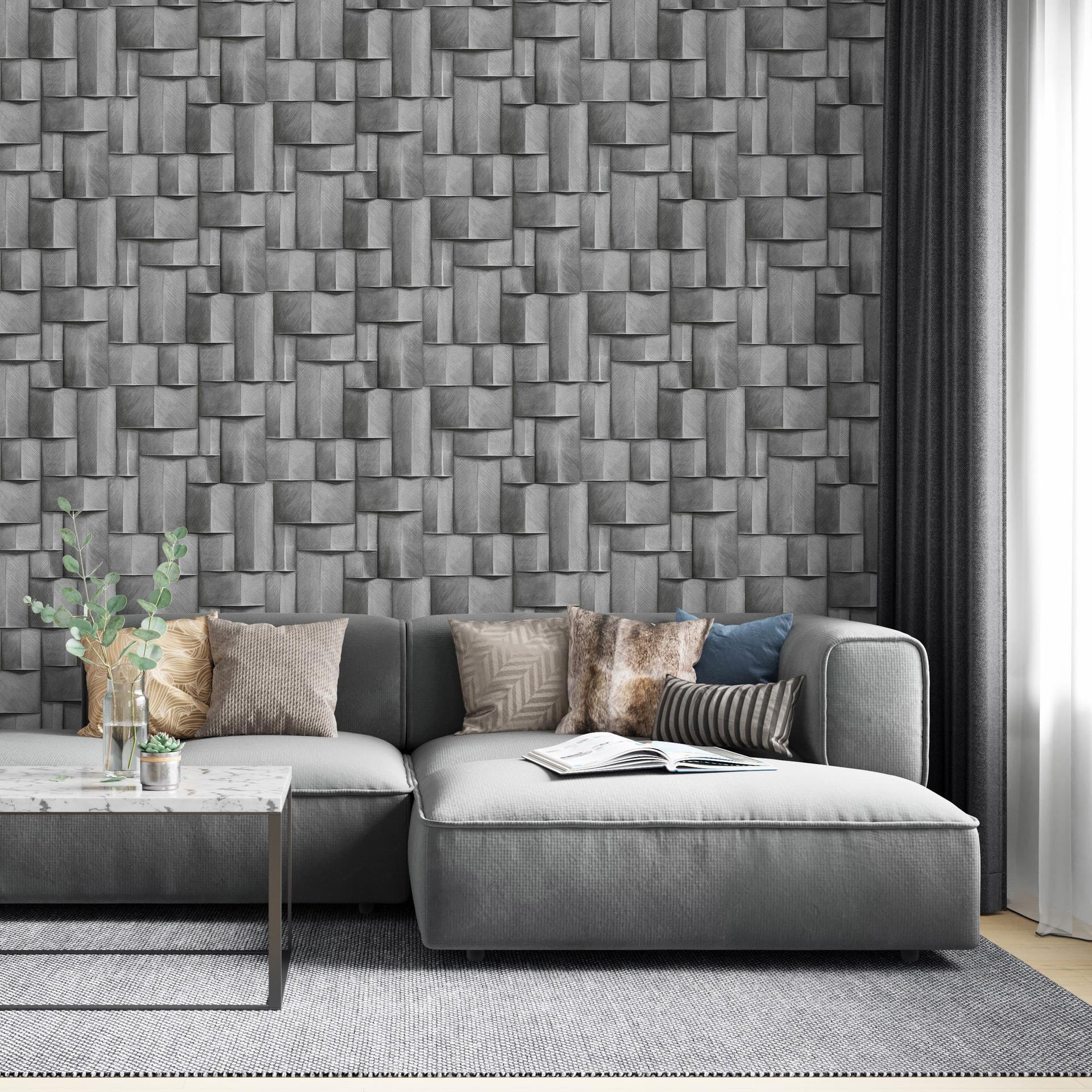 Non-woven tapet med træmotiv geometrisk grå 3D-look
