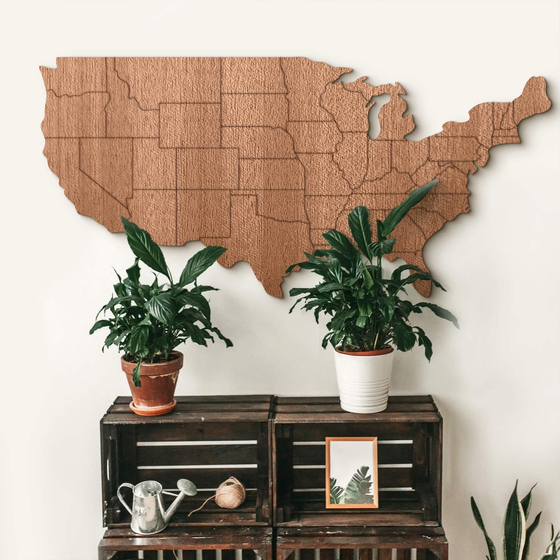 Décoration en bois - Carte des USA avec frontières des Etats - Placage acajou