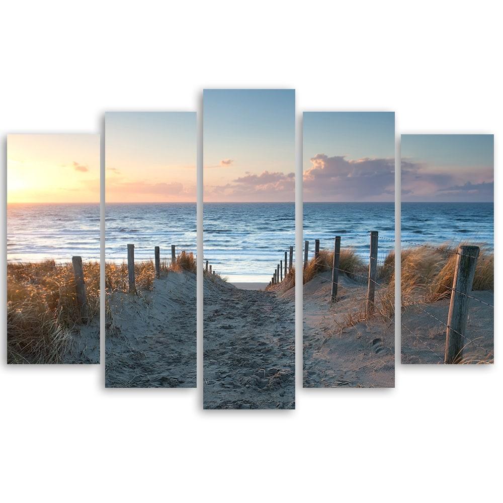5-delige canvas print, zee strand pad zonsondergang