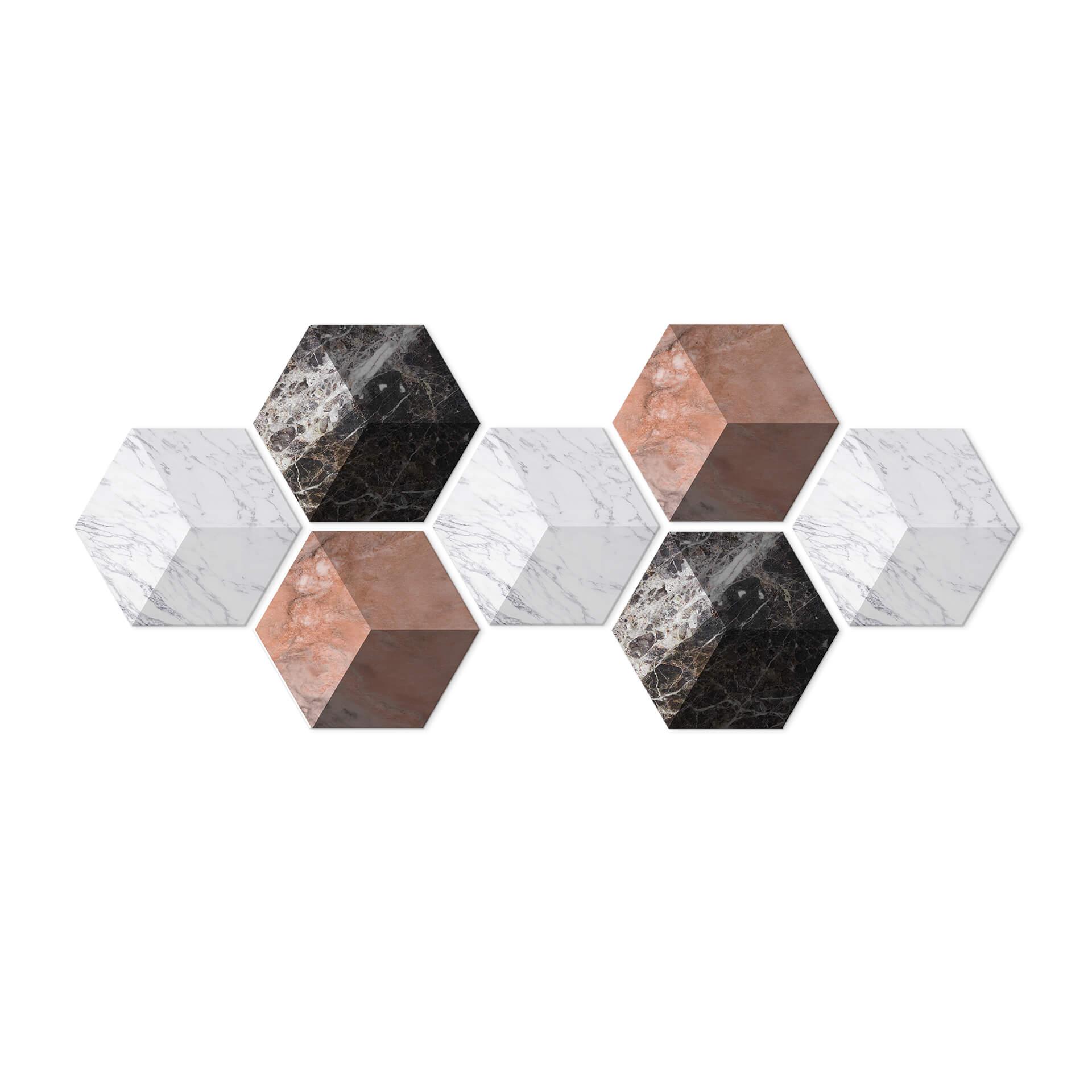 3D Hexagon Alu-Dibond sæt - Marmorvariationer (sæt med 7)