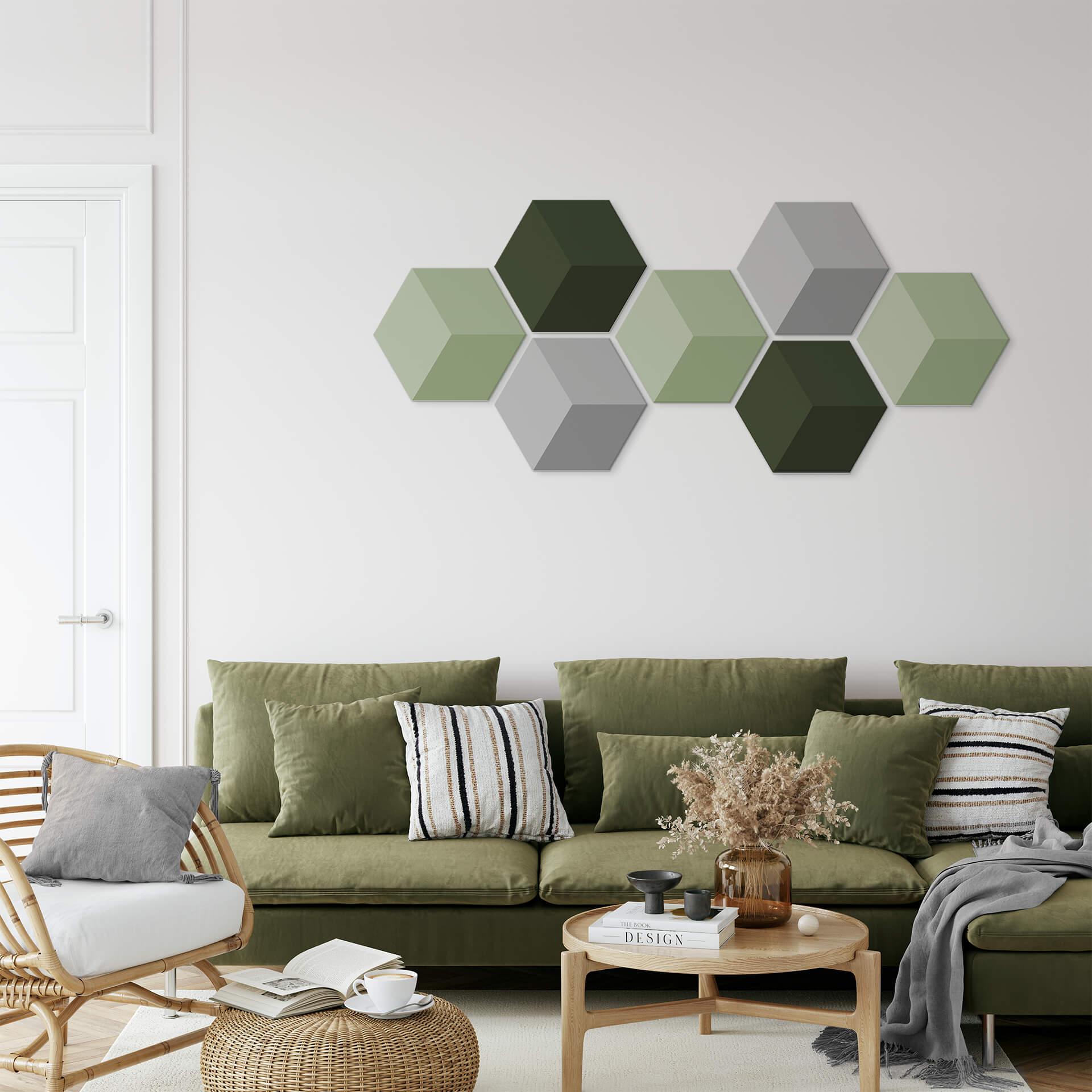 3D Hexagon Alu-Dibond sæt - Grøn (sæt med 7)