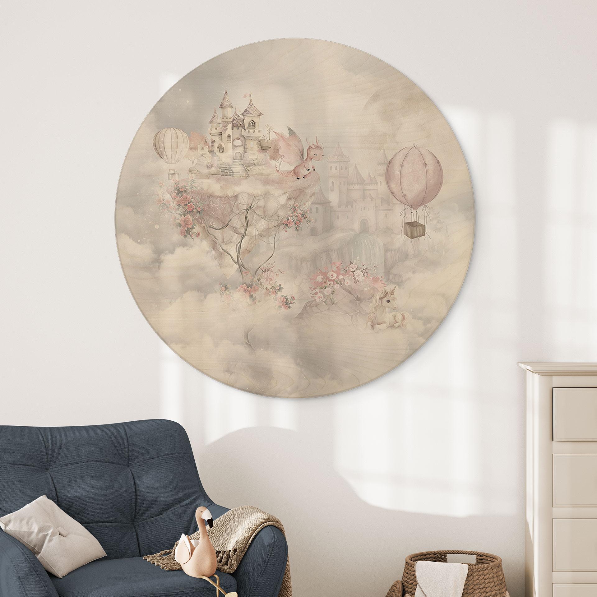 Houten Wanddecoratie sprookjeswereld met kasteel en eenhoorn - Ms Tiff - Rond