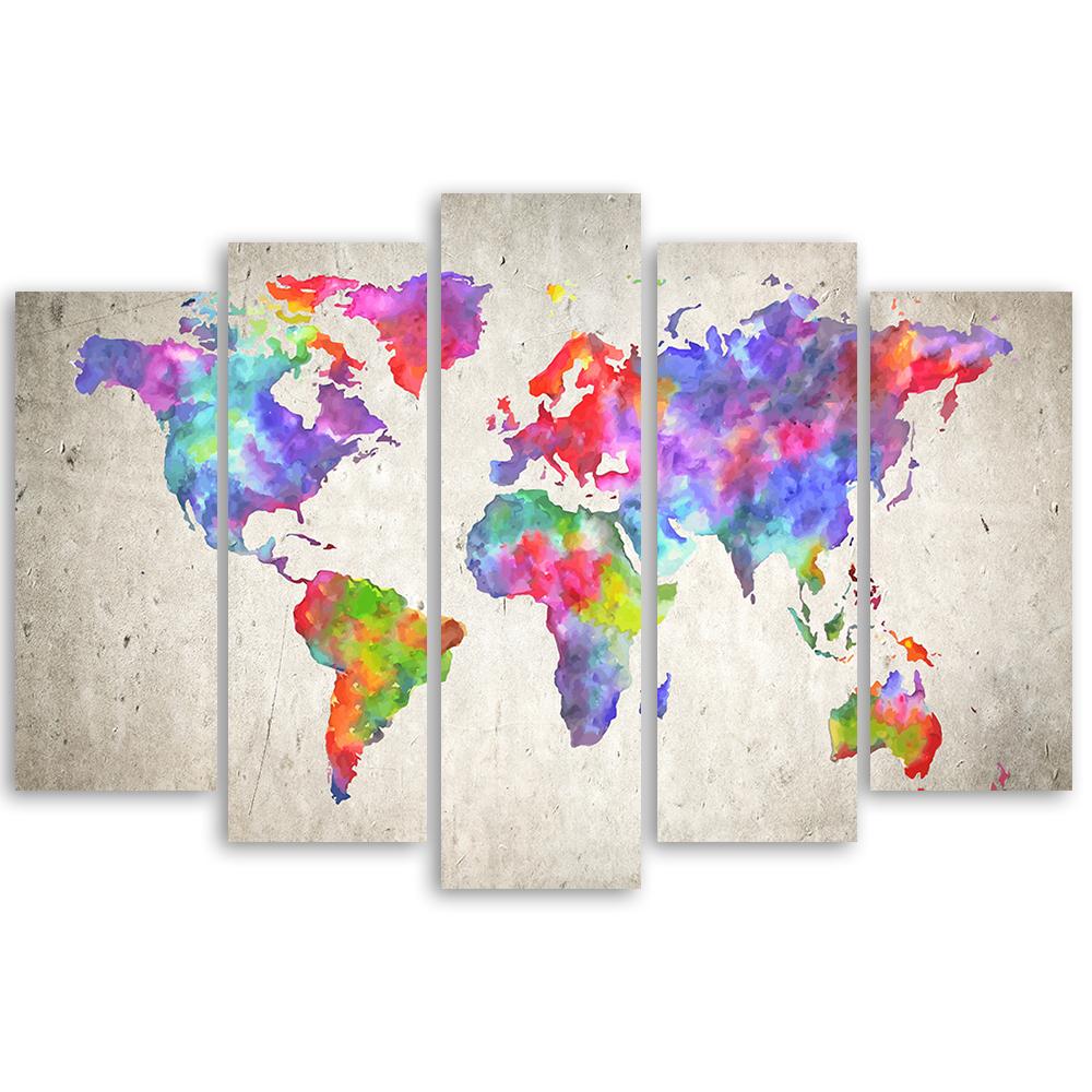 5 stuk canvas print, kleurrijke wereldkaart