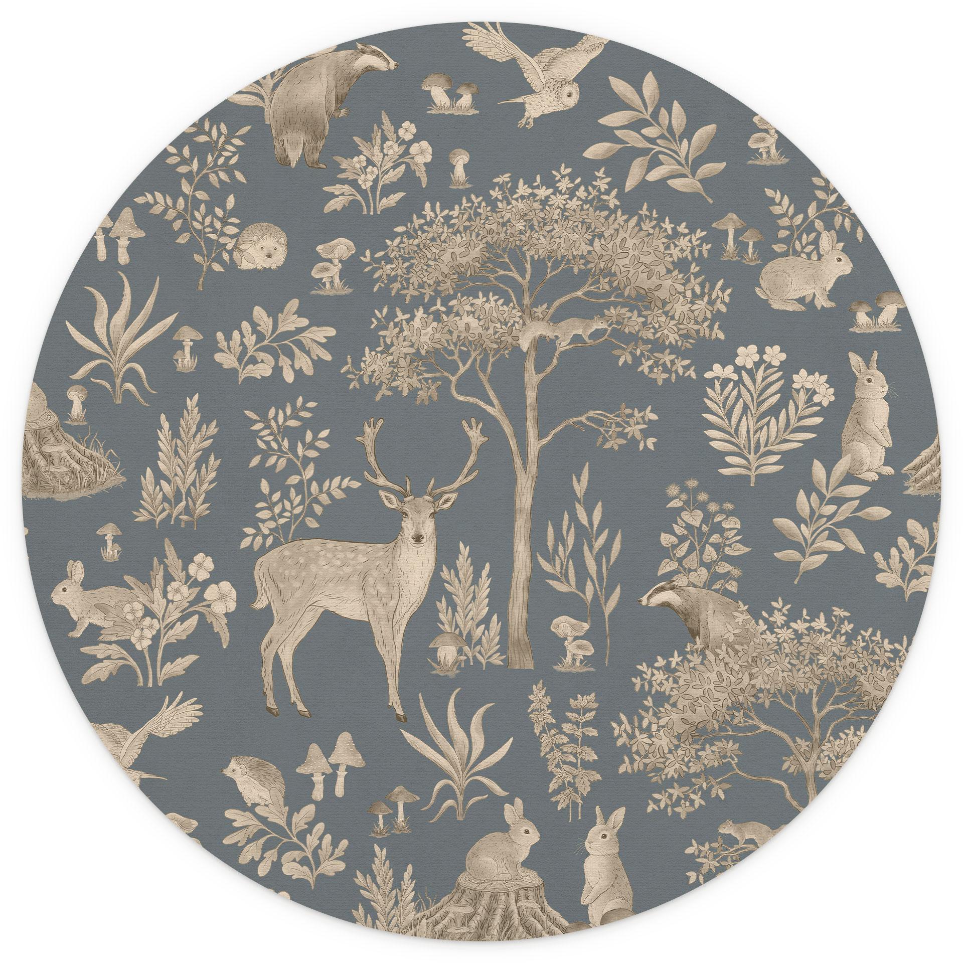 Betoverend bos met dieren behang - Vintage blauw - Kikki Belle - Rond - vliesbehang/zelfklevend vlie