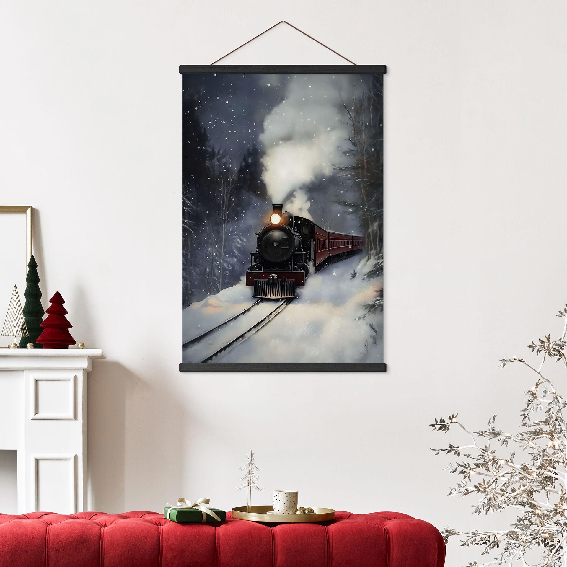 Póster de tela locomotora de vapor en un bosque nevado - Melloi Art Prints