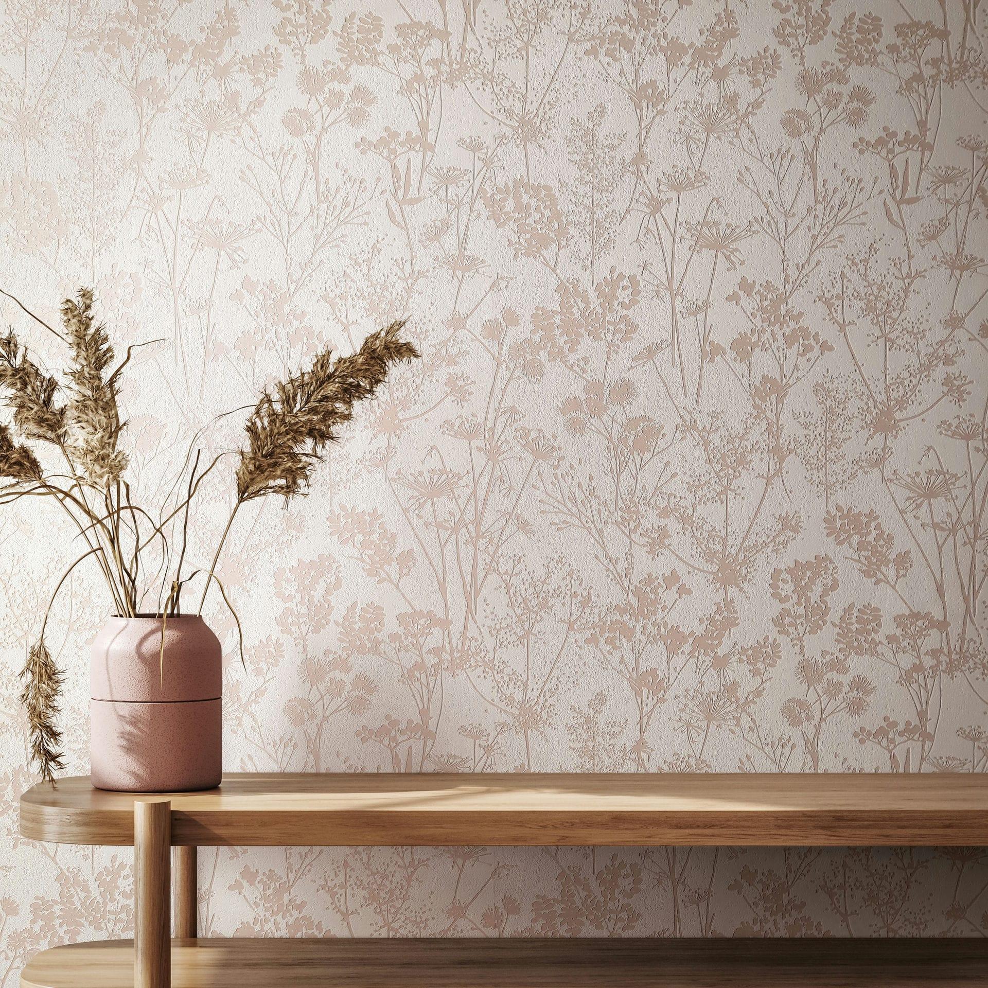 Non-woven tapet i hvid, beige bladmotiv bladlook blomstret natur