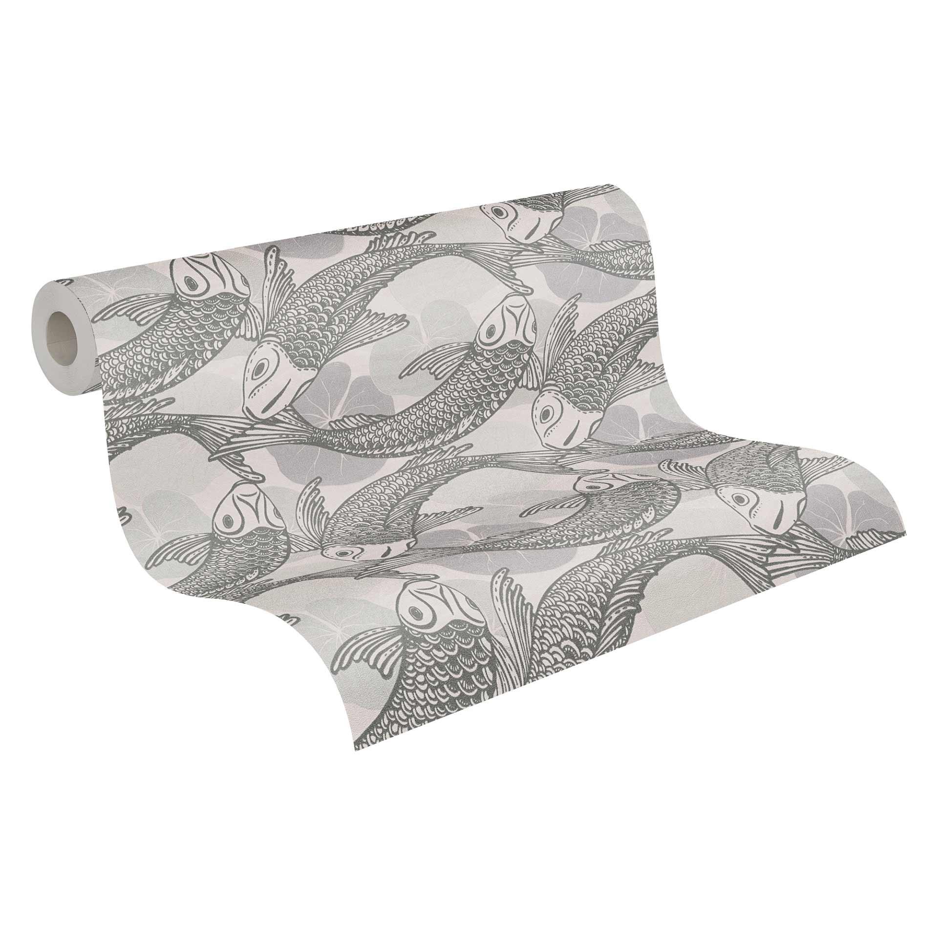 Papel pintado tejido-no tejido Livingwalls Metropolitan Stories Papel pintado asiático con koi Mio Tokyo beige, gris