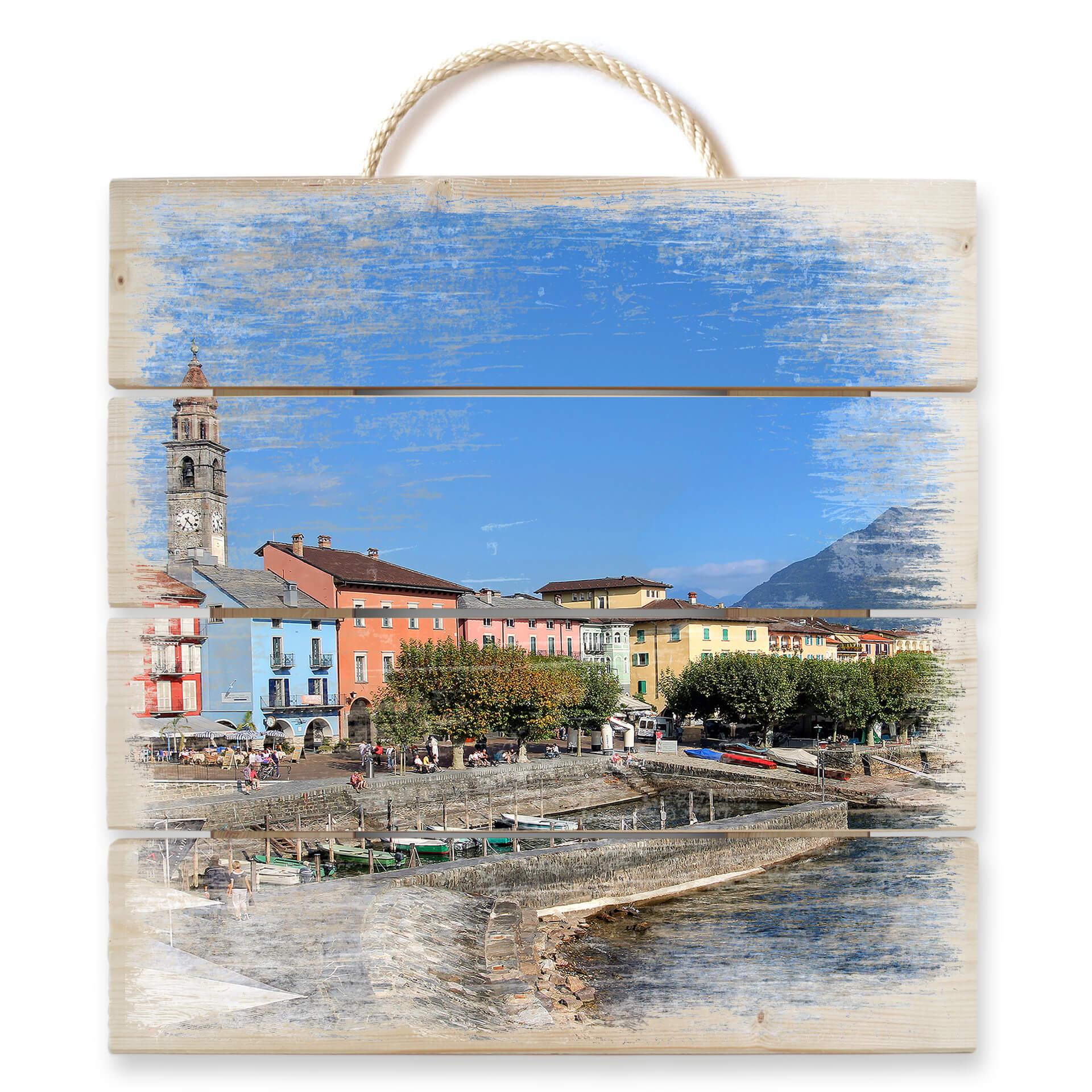 Obraz drewniany promenada portowa nad jeziorem Maggiore - 40x41,5 cm