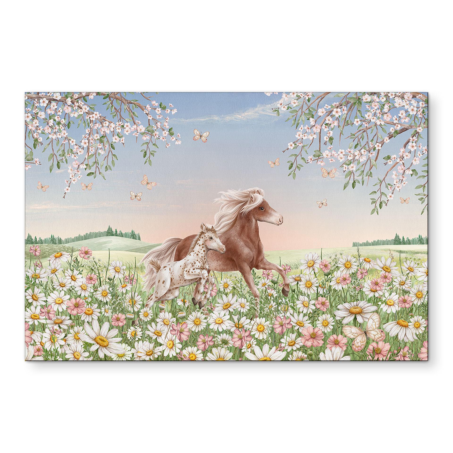 Billede Heste i blomsterengen - Kikki Belle – print på aluminium (Alu-Dibond)