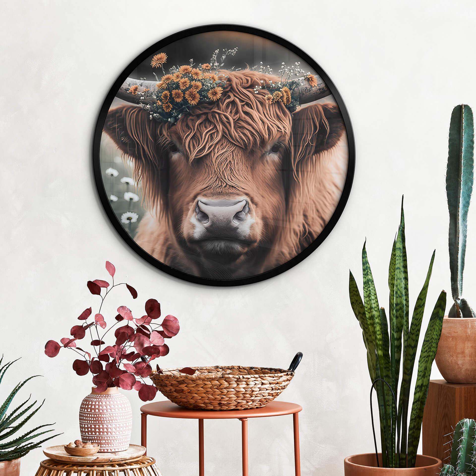 Póster Treechild - Vaca de las Highlands con corona de flores - Redondo