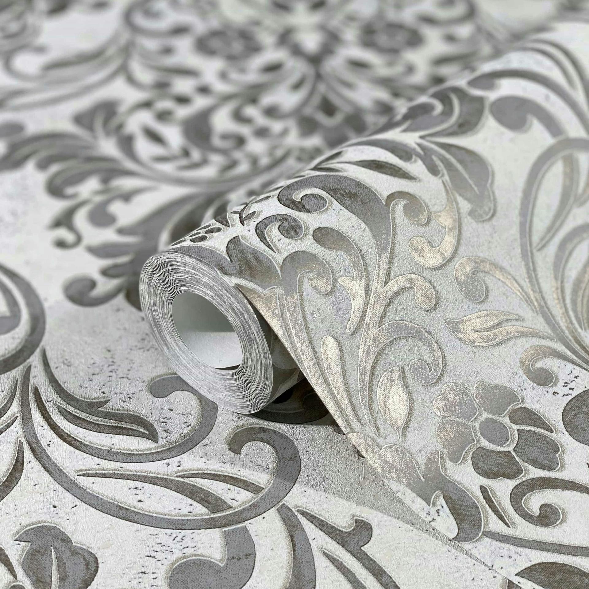 Non-woven tapet med dekorative damaskmotiver grå ornamental