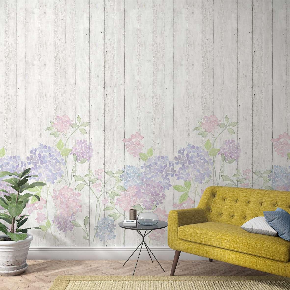 Fototapet med små blomster på træhegn Grå, træ-effekt 2,70 x 1,59 m