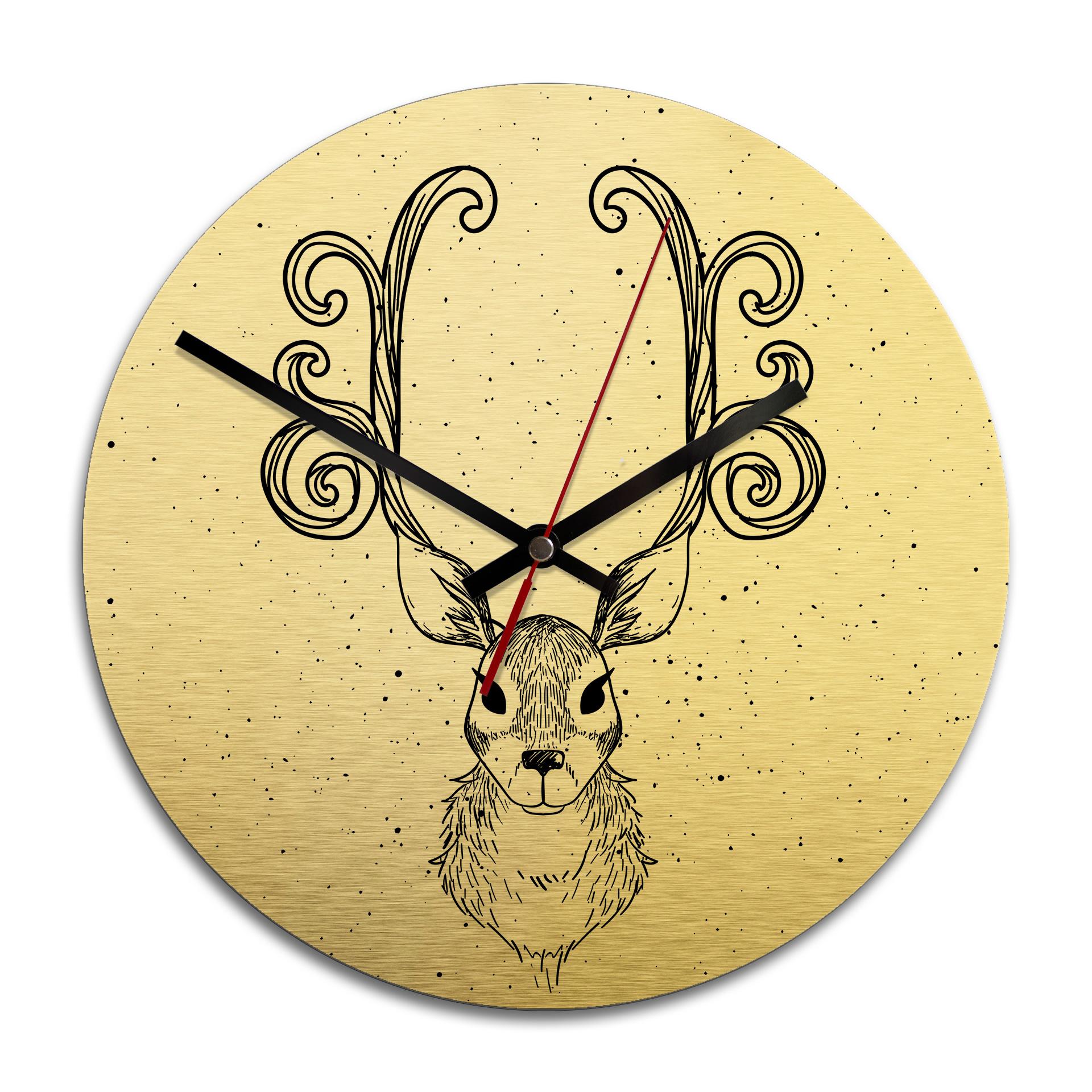Wanduhr Alu-Dibond-Goldeffekt - Funkelnder Hirsch - Ø 28 cm