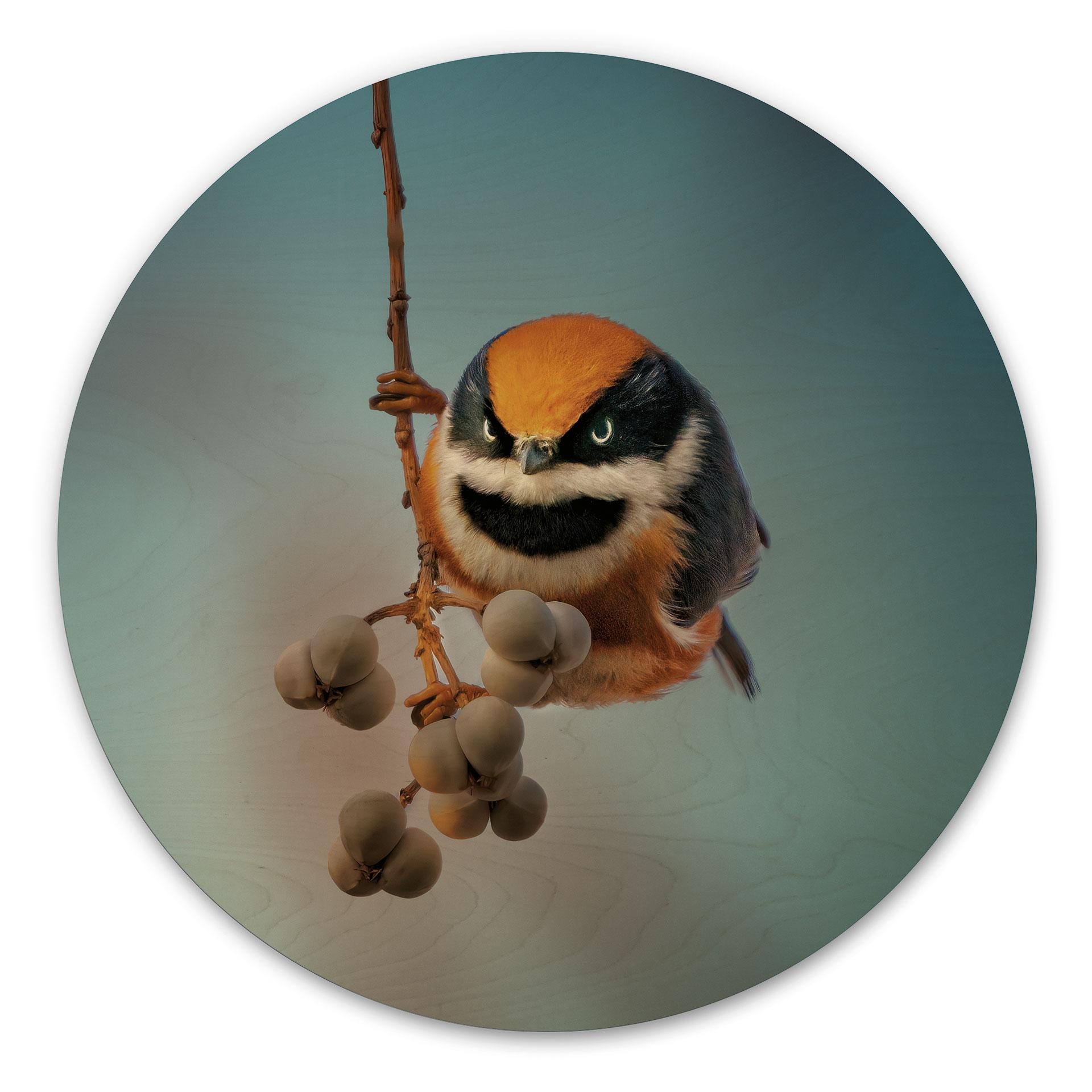 Holzbild Kleiner Vogel am Ast - Jacob Xu - Rund