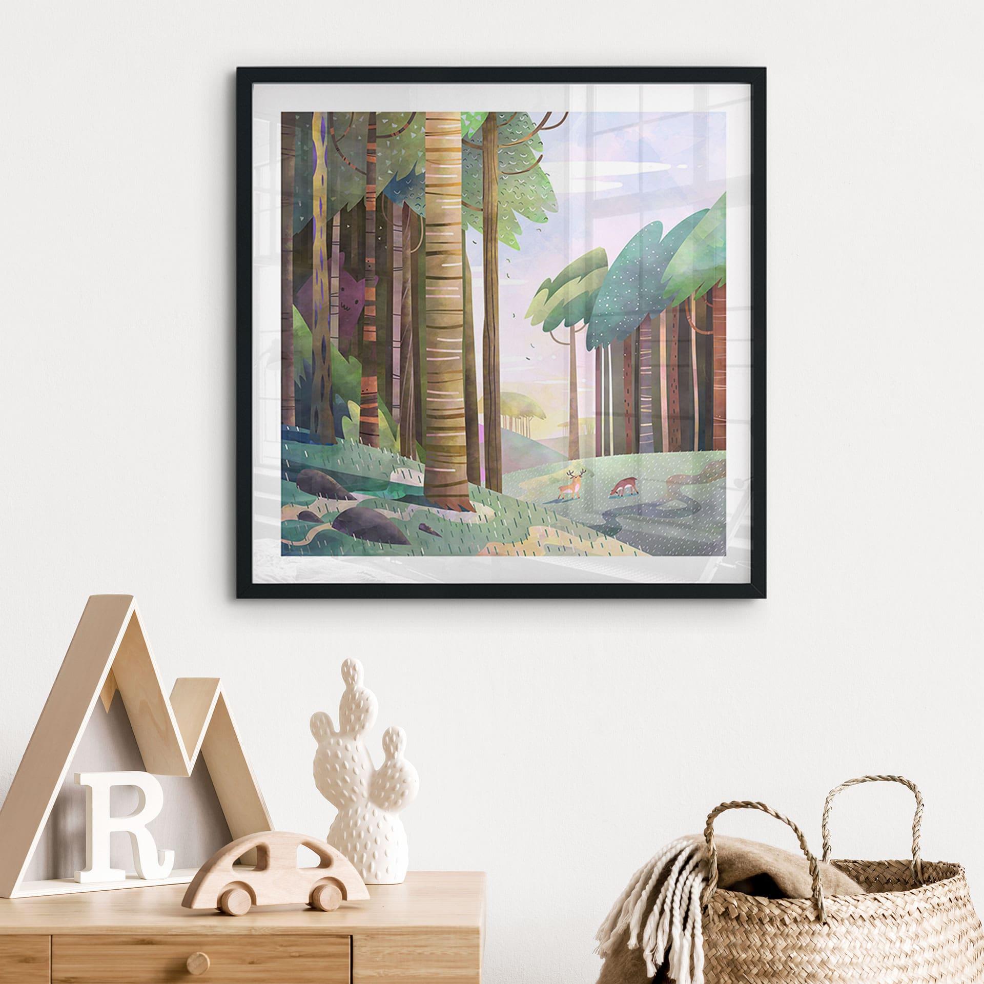 Plakat Solrig skov med hjorte - DigitalArtsi