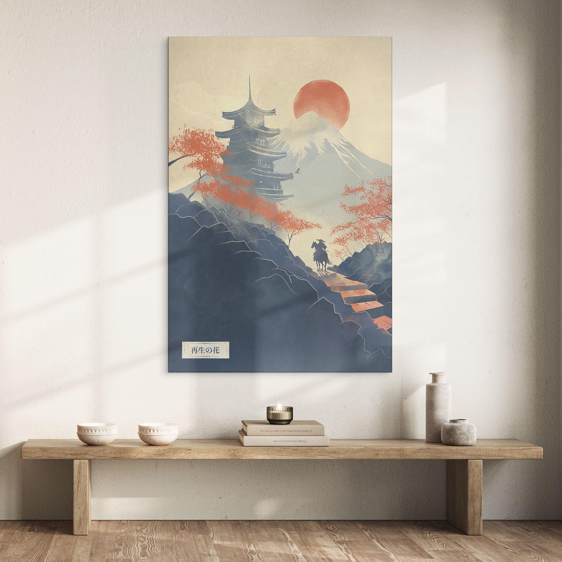 Fototapet Solopgang over pagoden - Roze – print på aluminium (Alu-Dibond)