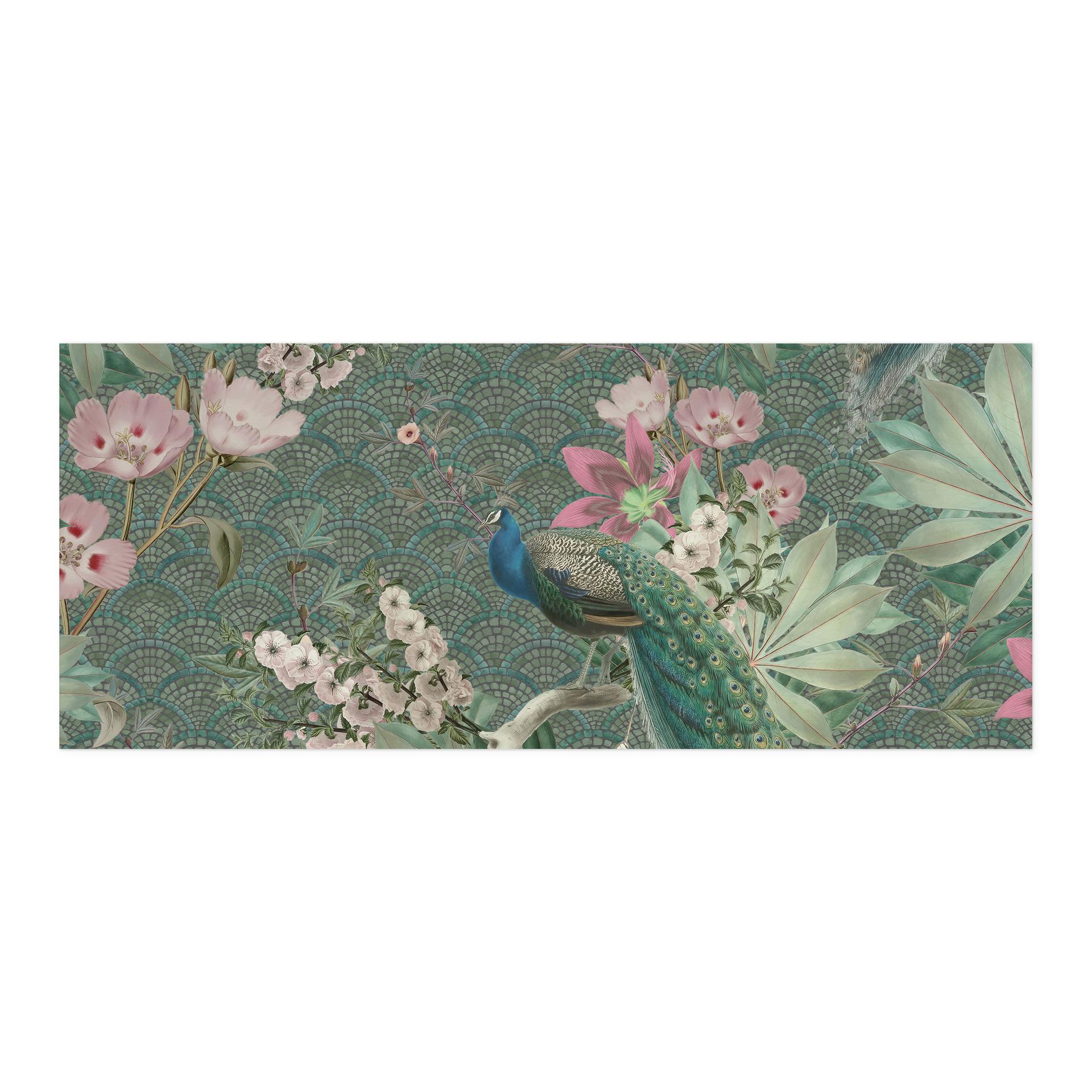 Selvklæbende stænkplade til køkken påfugl i tropisk have på mosaik - Bloomery Decor