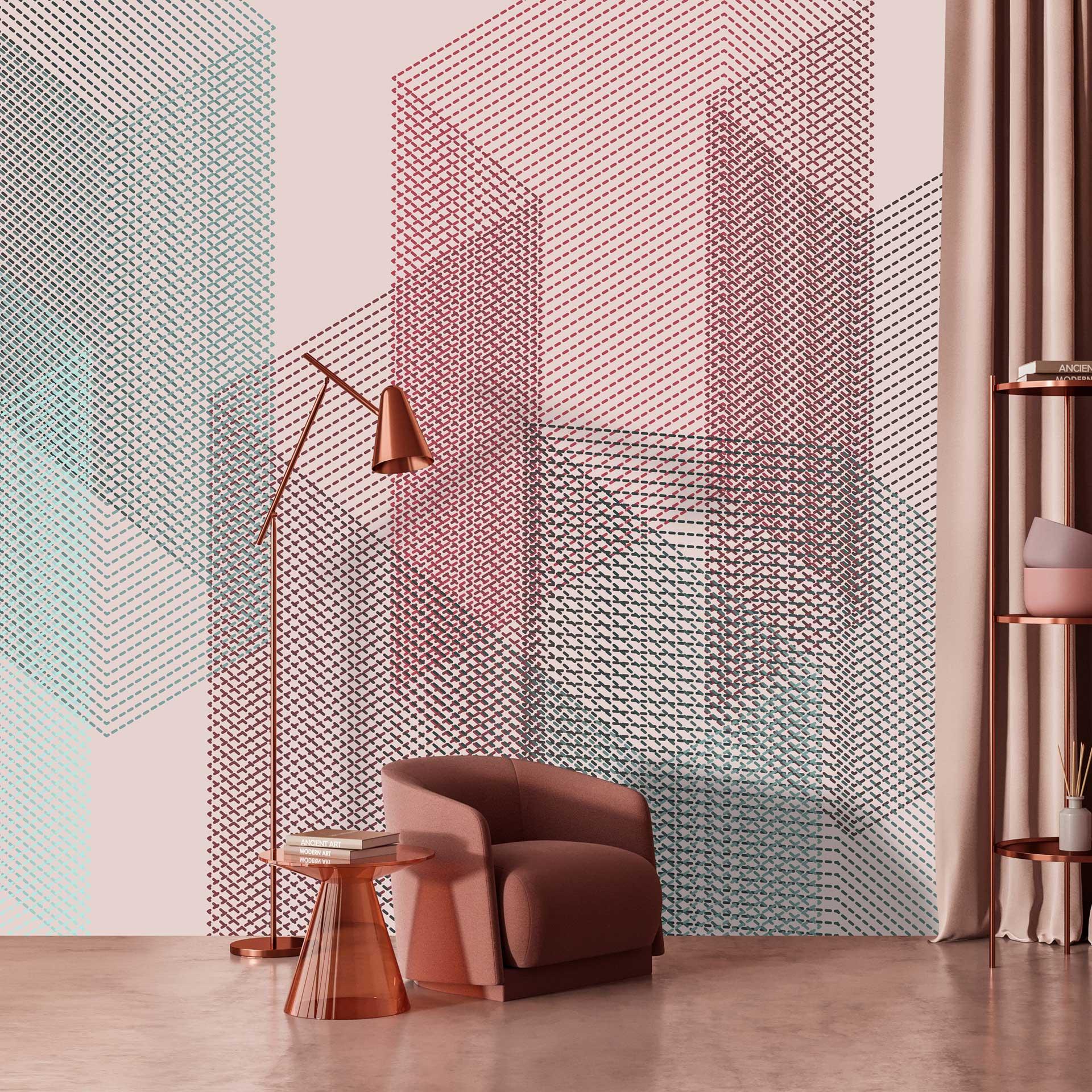 Geometrisk 3D-tapet i pastelrosa og blågrøn - non-woven tapet