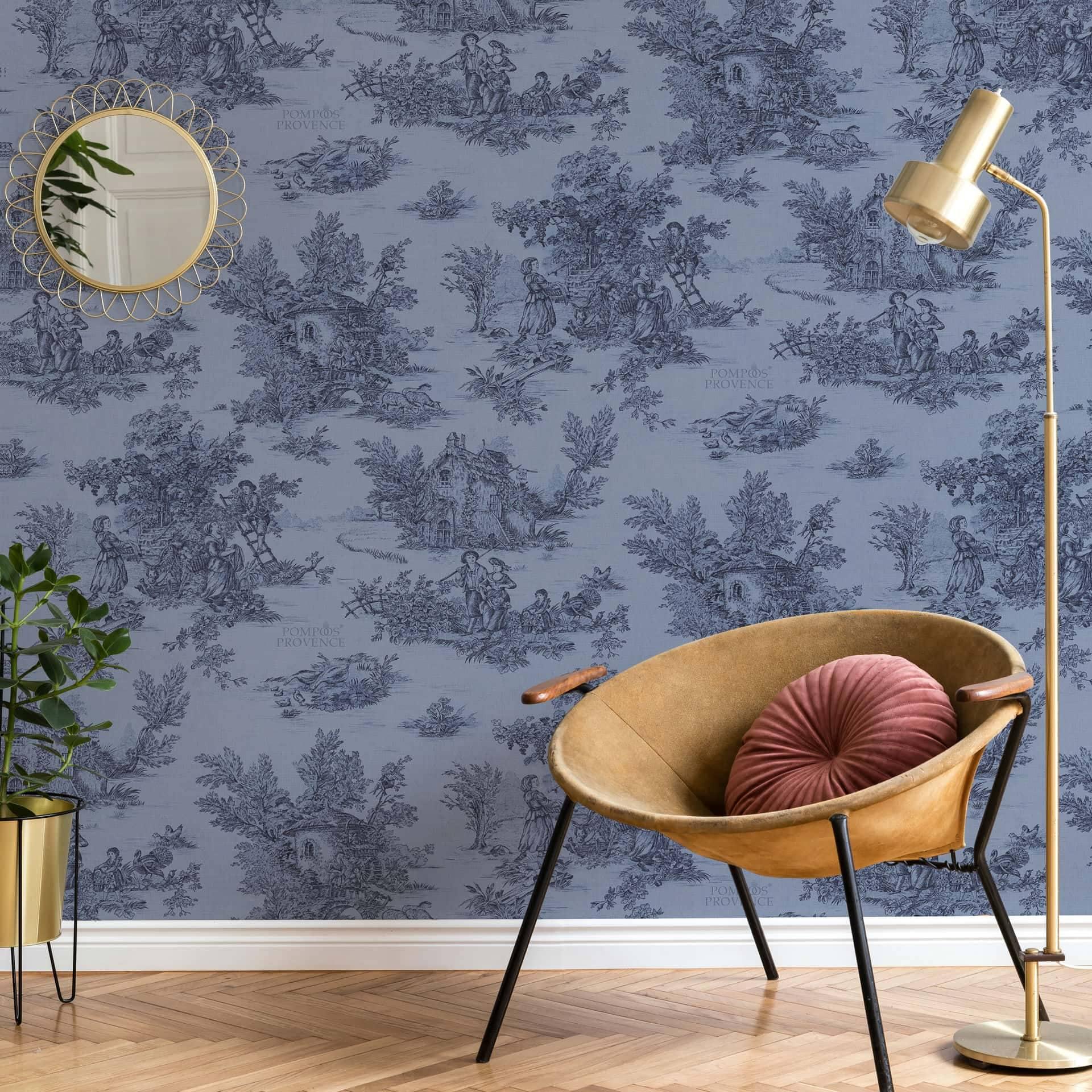 Vliesbehang landschap, mensen grafisch klassiek mat in blauw
