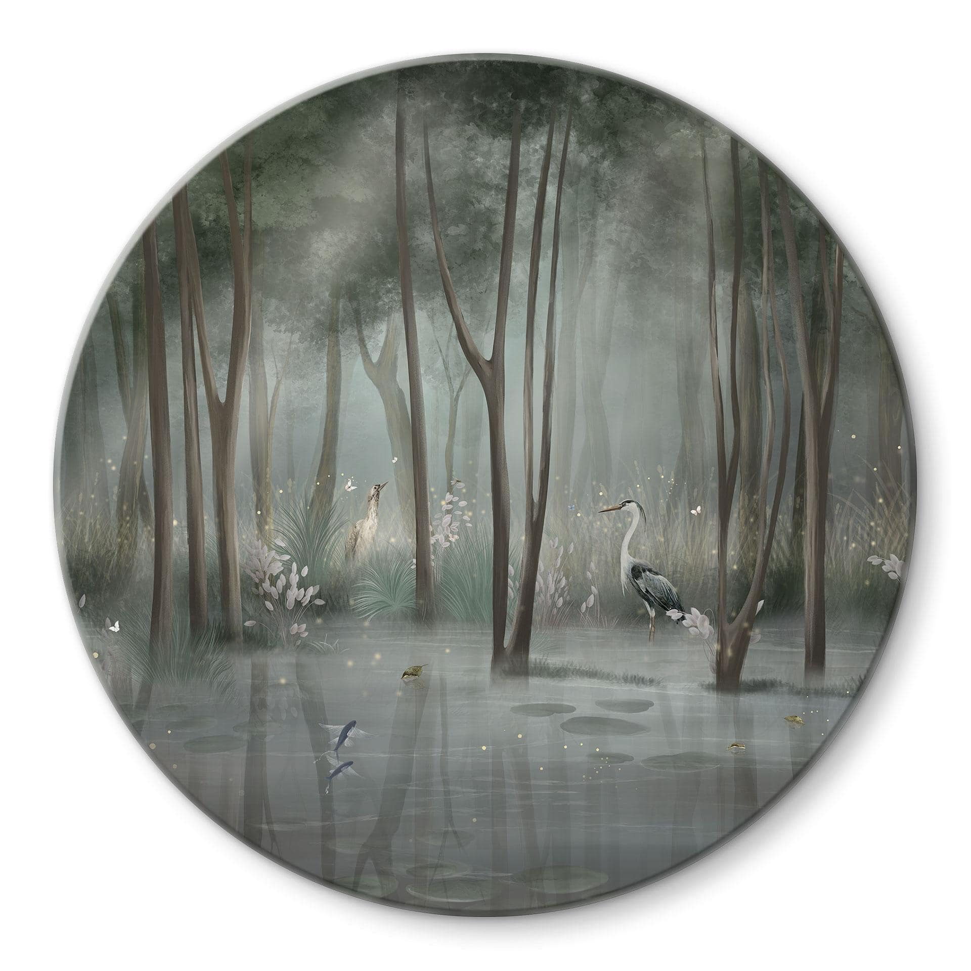 Glasbild Nebelwald am See mit Reiher in Grün - Ms Tiff - Rund