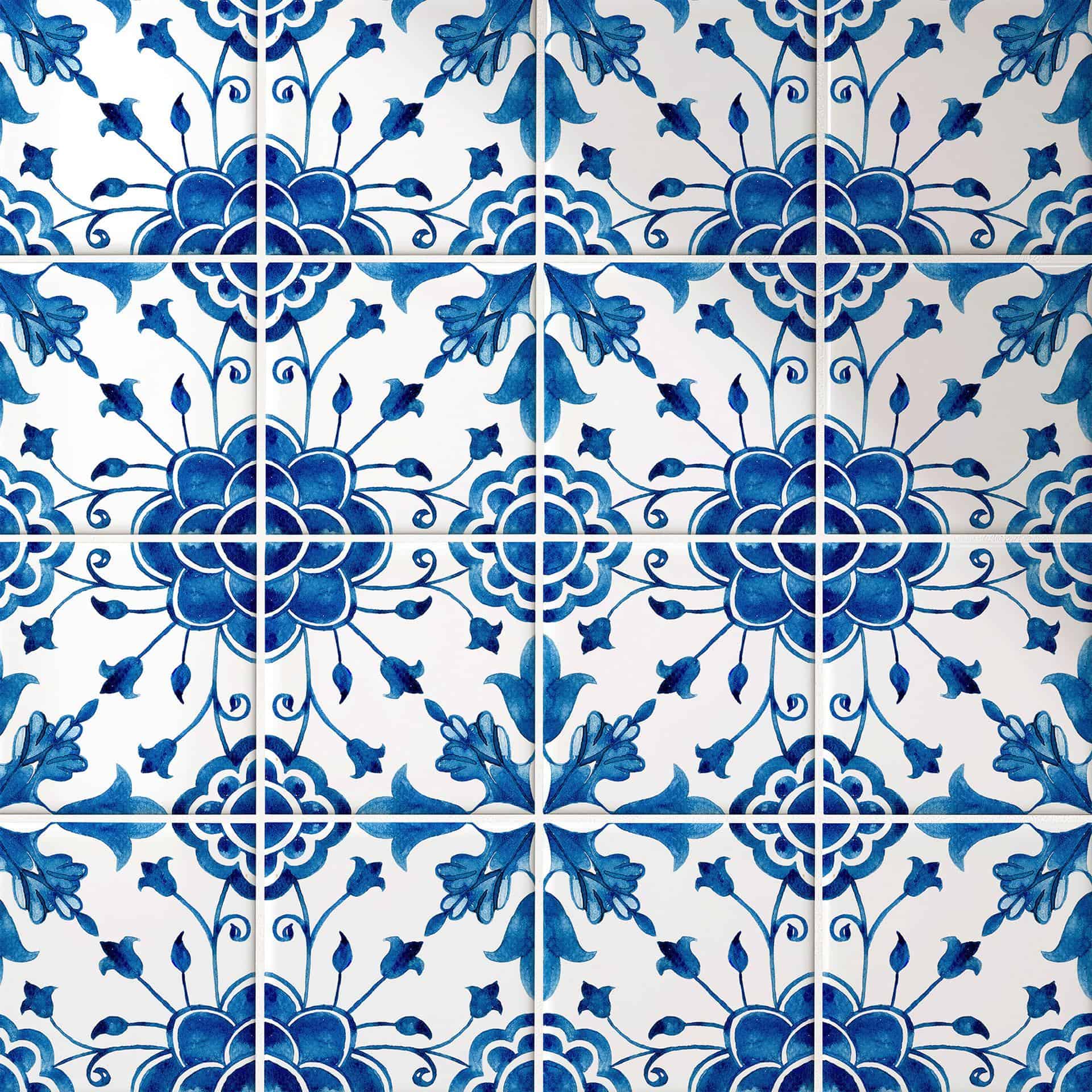 Azulejos Adhesivos Acuarela Flor - Azul - Lote de 12