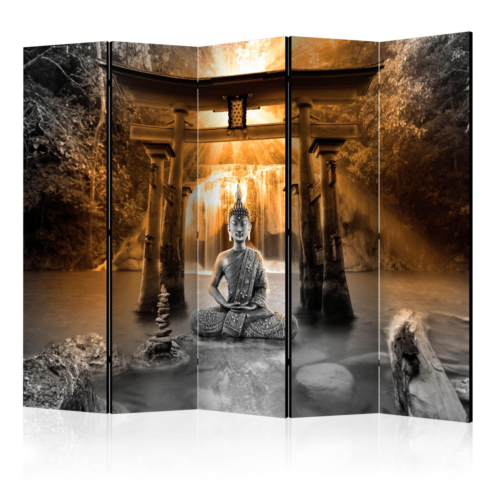 Screen room divider - Buddha smile (orange) , 5-delt - 225x172 cm