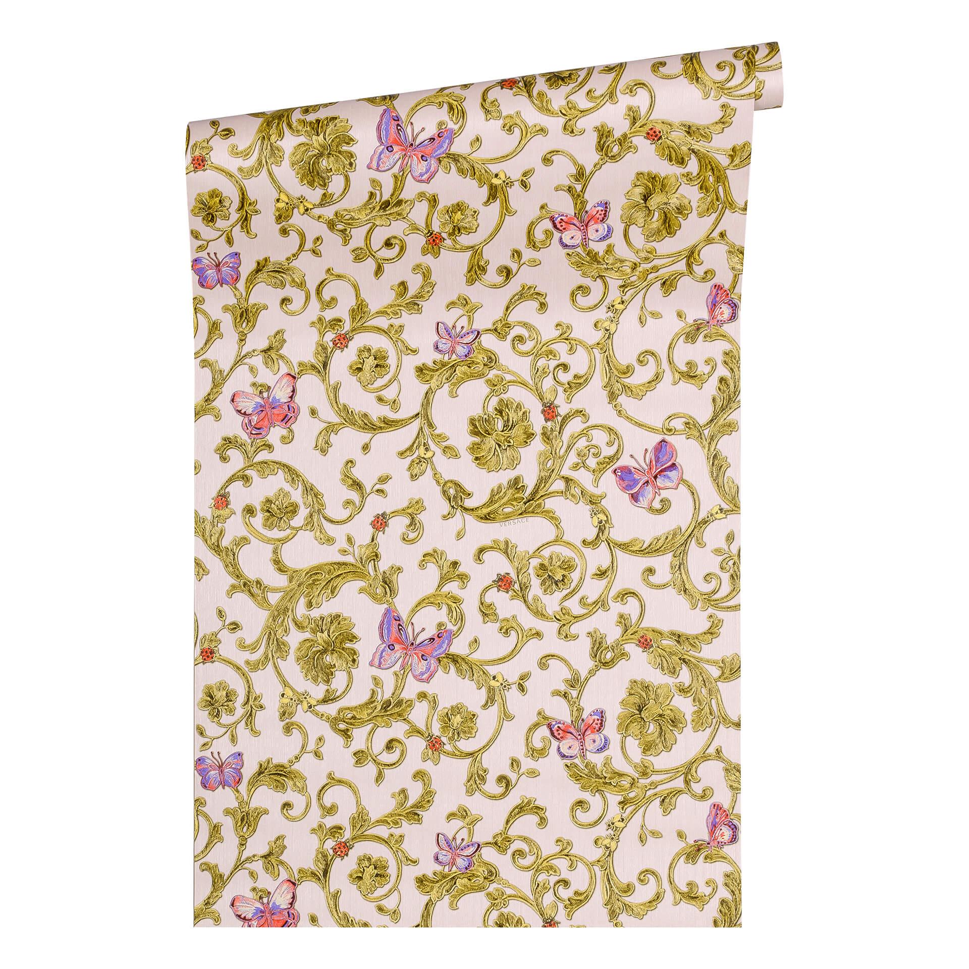 Versace tapet, Fleecetapet Butterfly Barocco Baroktapet med ornamenter, rosa, grøn, guld