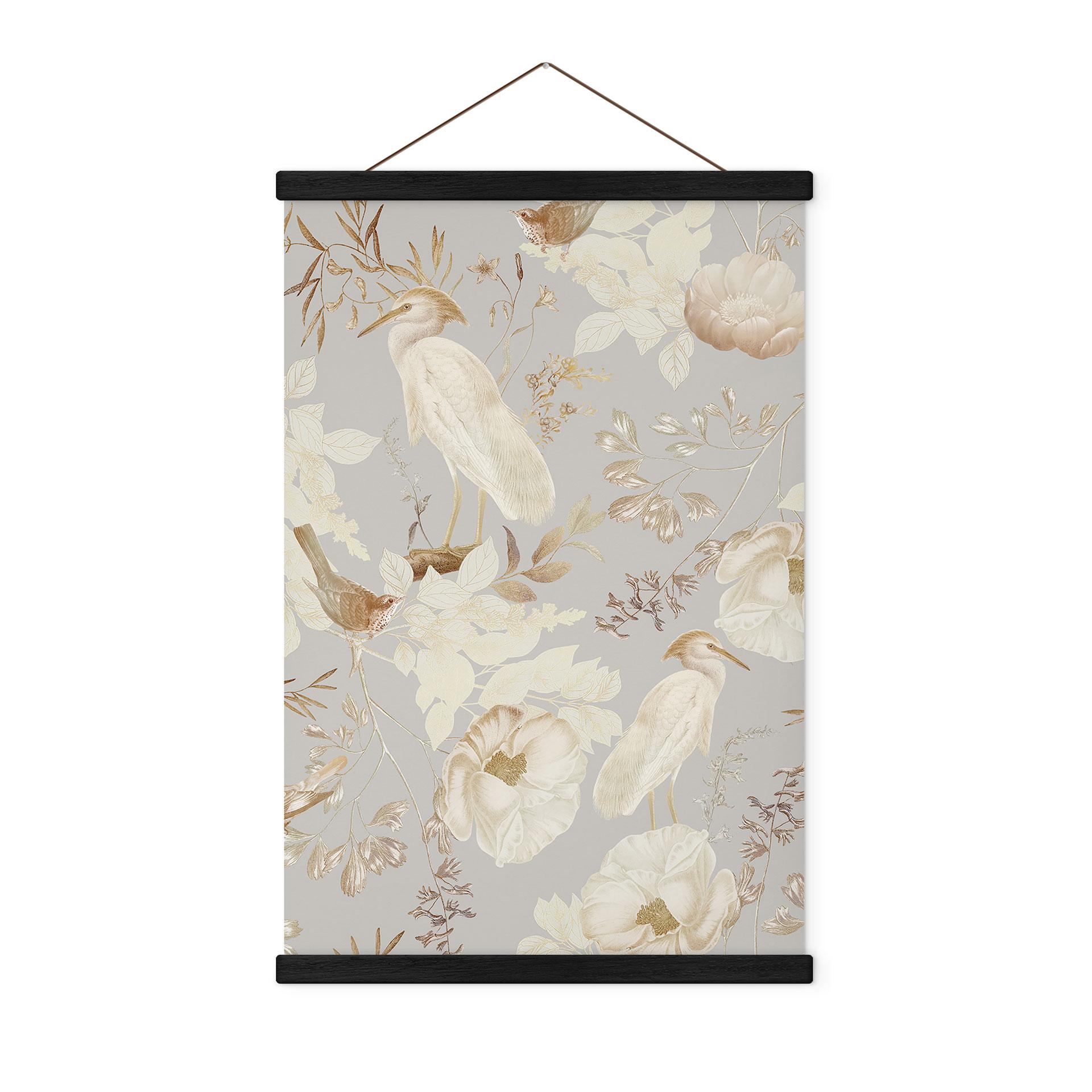 Textil poster med fåglar bland vita blommor - UN Designs