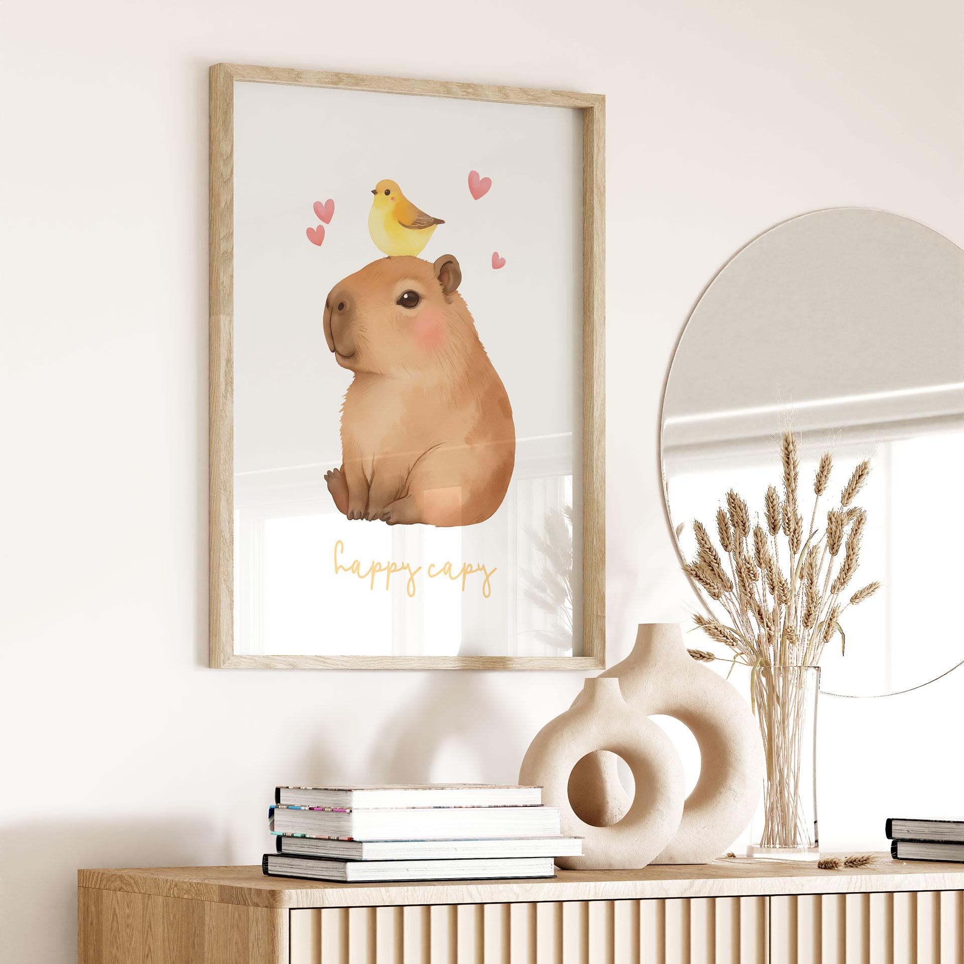 Plakat dla dzieci - Kapibara z ptakiem - Happy Capy