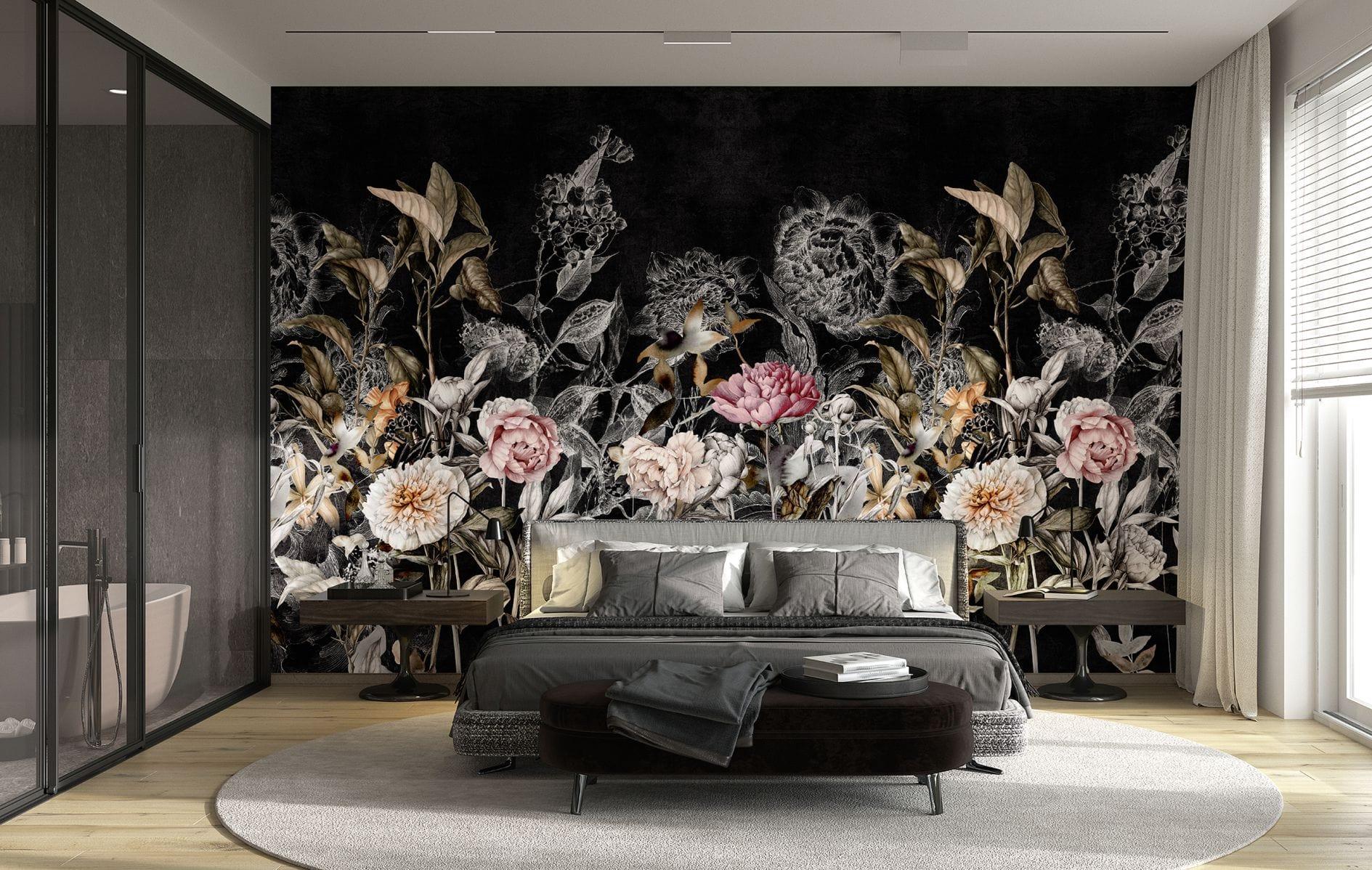 Fotomural Dark Botanical vintage flowers on black with rosé accents 3.4 x 3.18 m