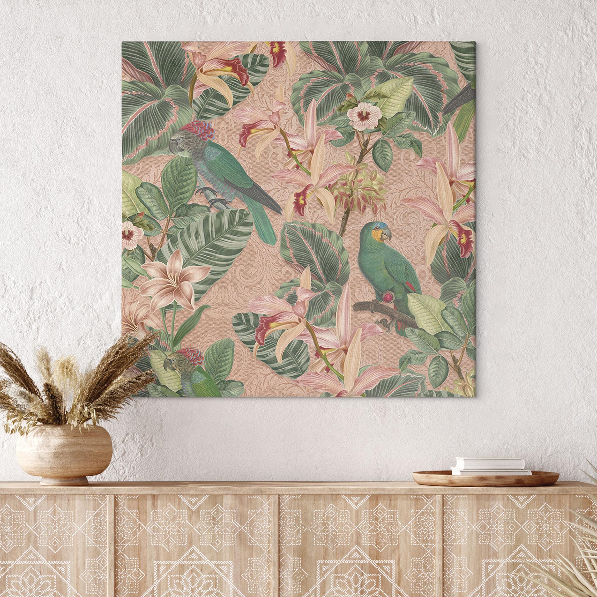 Canvasbillede Jungle med papegøjer Pink - Bloomery Decor - Square