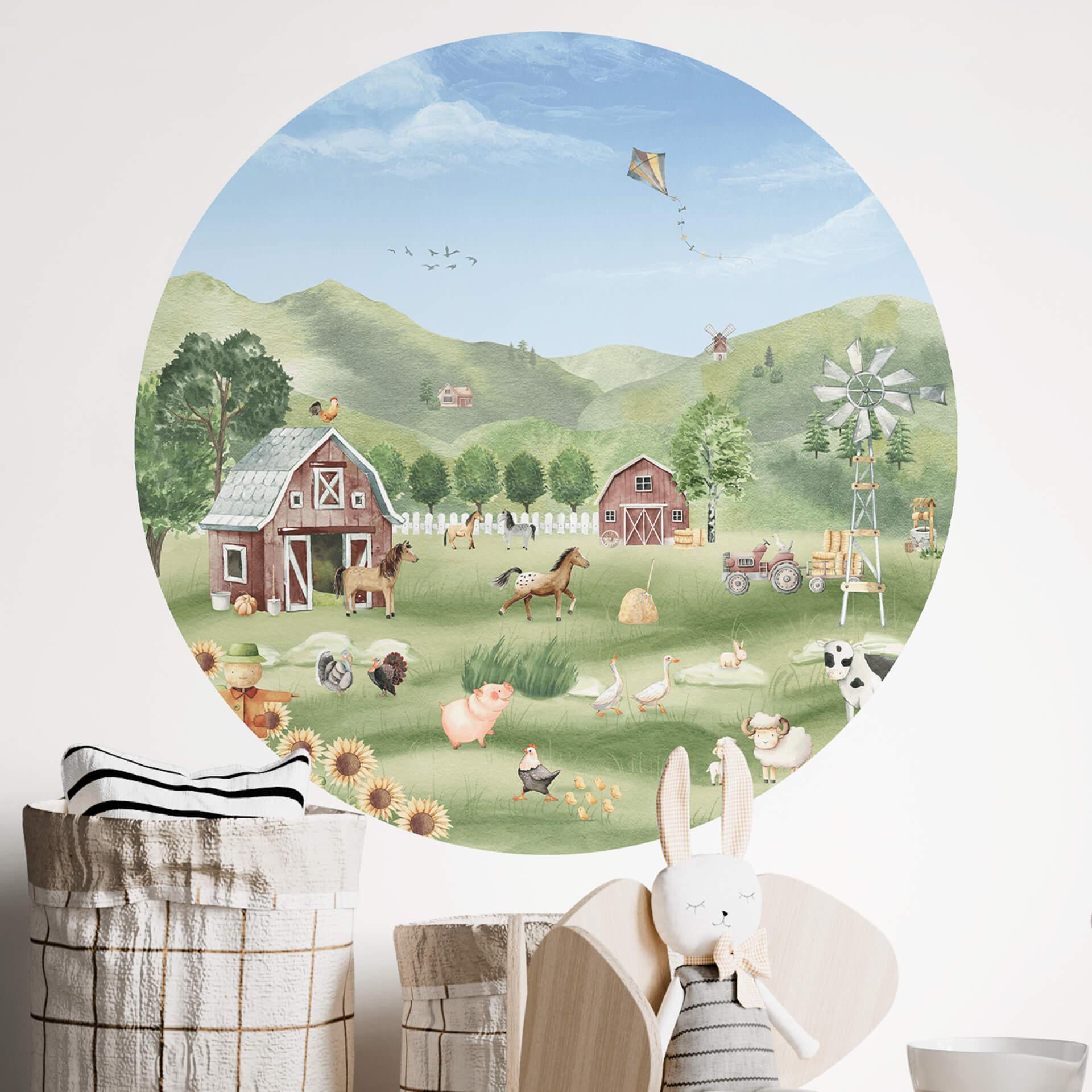 Wall Sticker Oliver Robins - Farverig bondegård med dyr