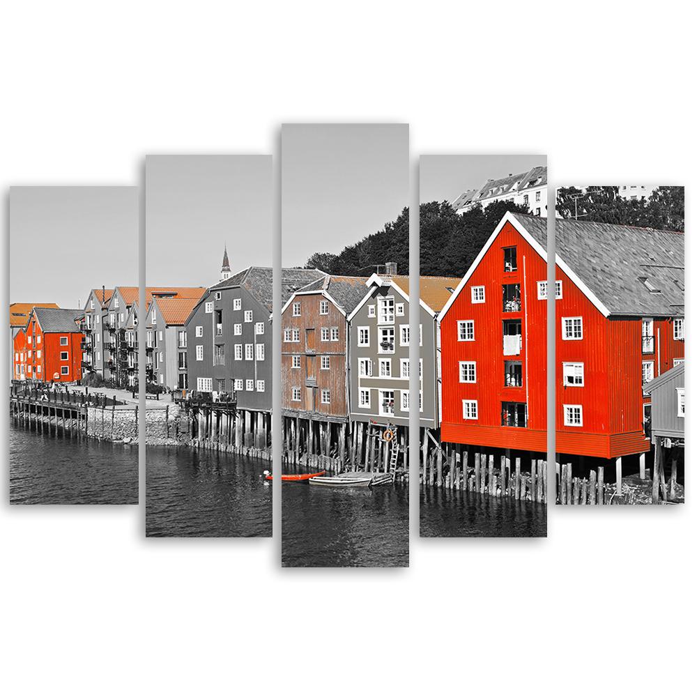 Lærredstryk 5 styk, bygge hav