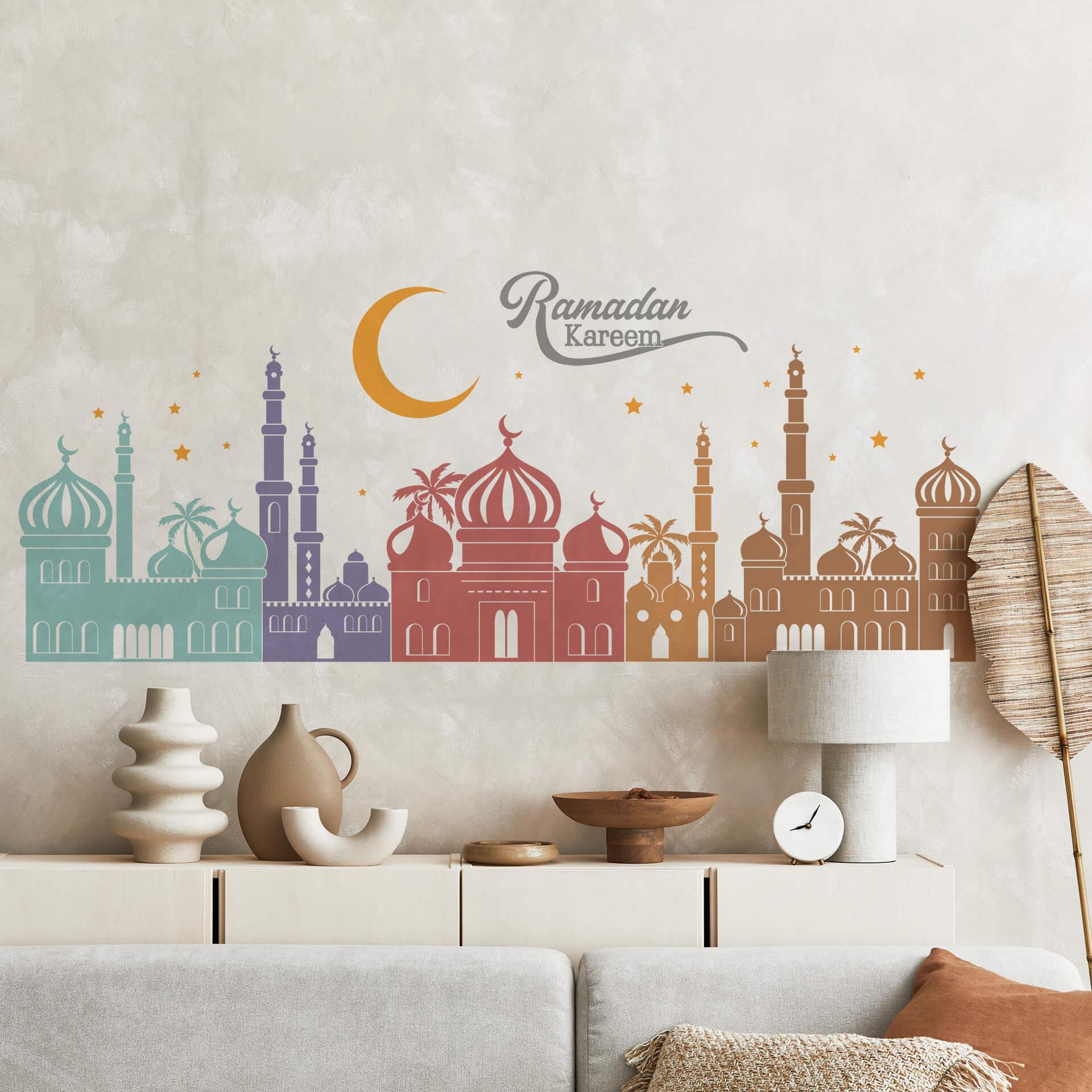 Wandtattoo Arabische Nacht Skyline mit Ramadan Schriftzug bunt