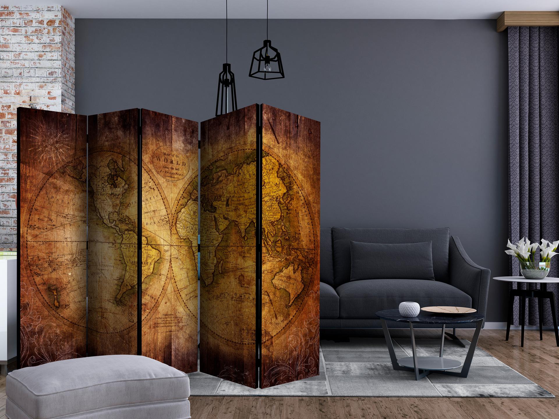 Divisorio - Mappamondo - Mondo su vecchia mappa , 5 pezzi - 225x172 cm