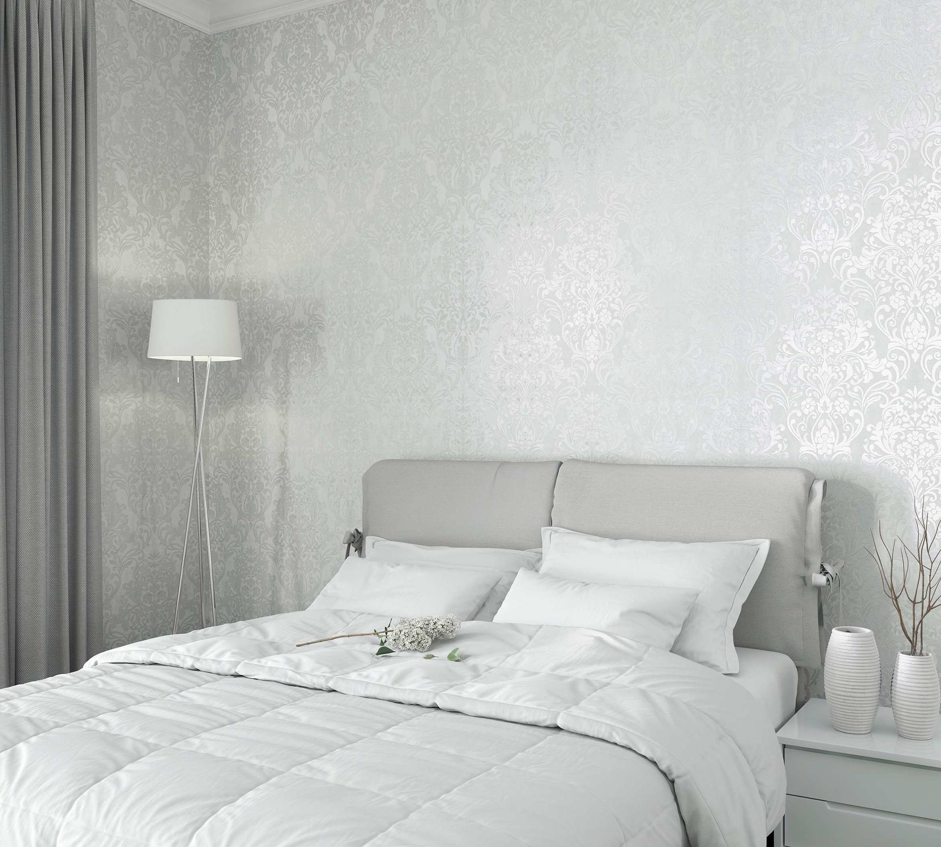 Vliesbehang met sierlijke damast motieven grijs ornamental