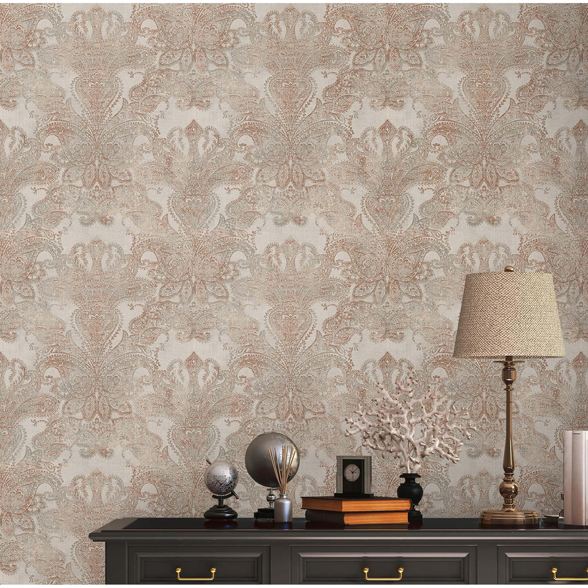 Vintage barok behang beige, grijs, roodbruin - vliesbehang met ornamenten