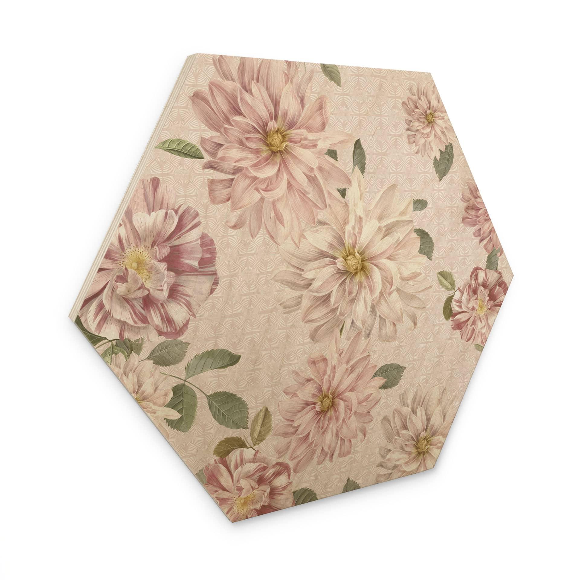 Sekskantet billede af træ Dahliaer Shabby Chic Pink - Bloomery Decor