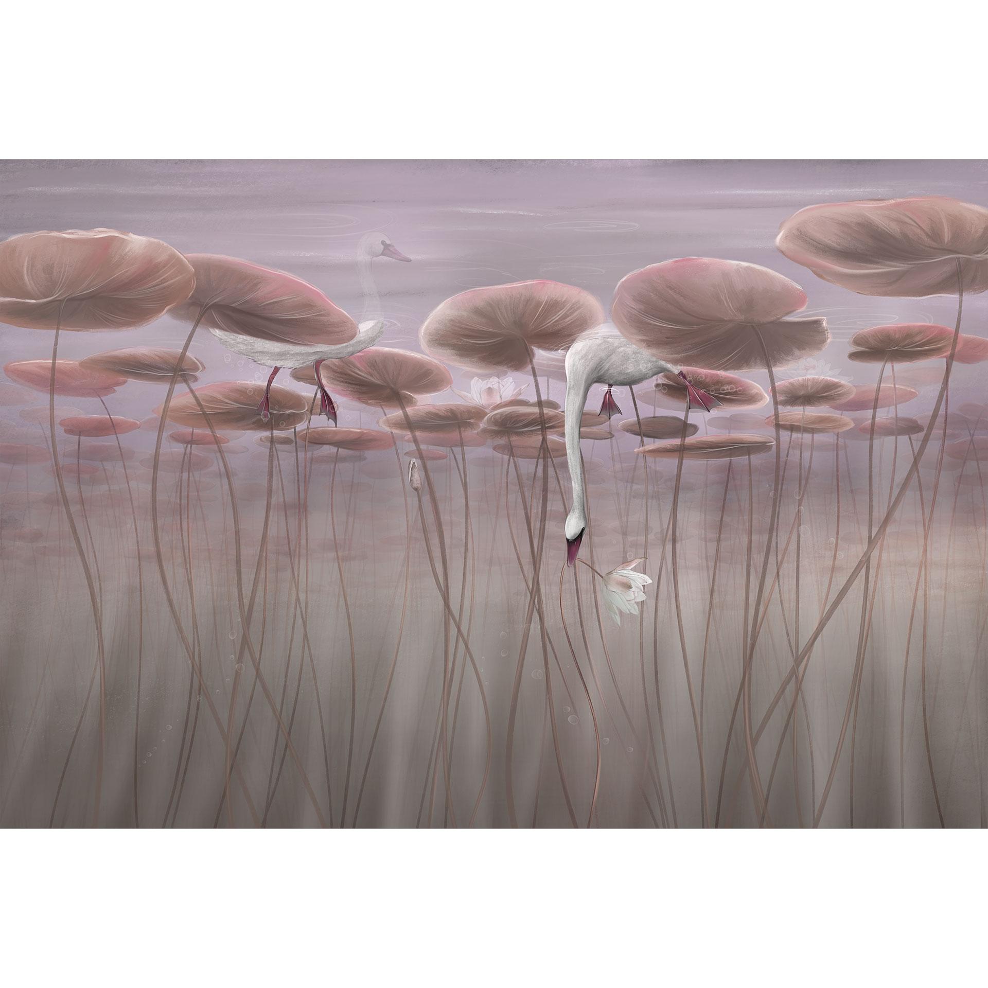 Fototapete Naturtapete Lotusblumen mit Schwan im Wasser in Altrosa - Ms Tiff
