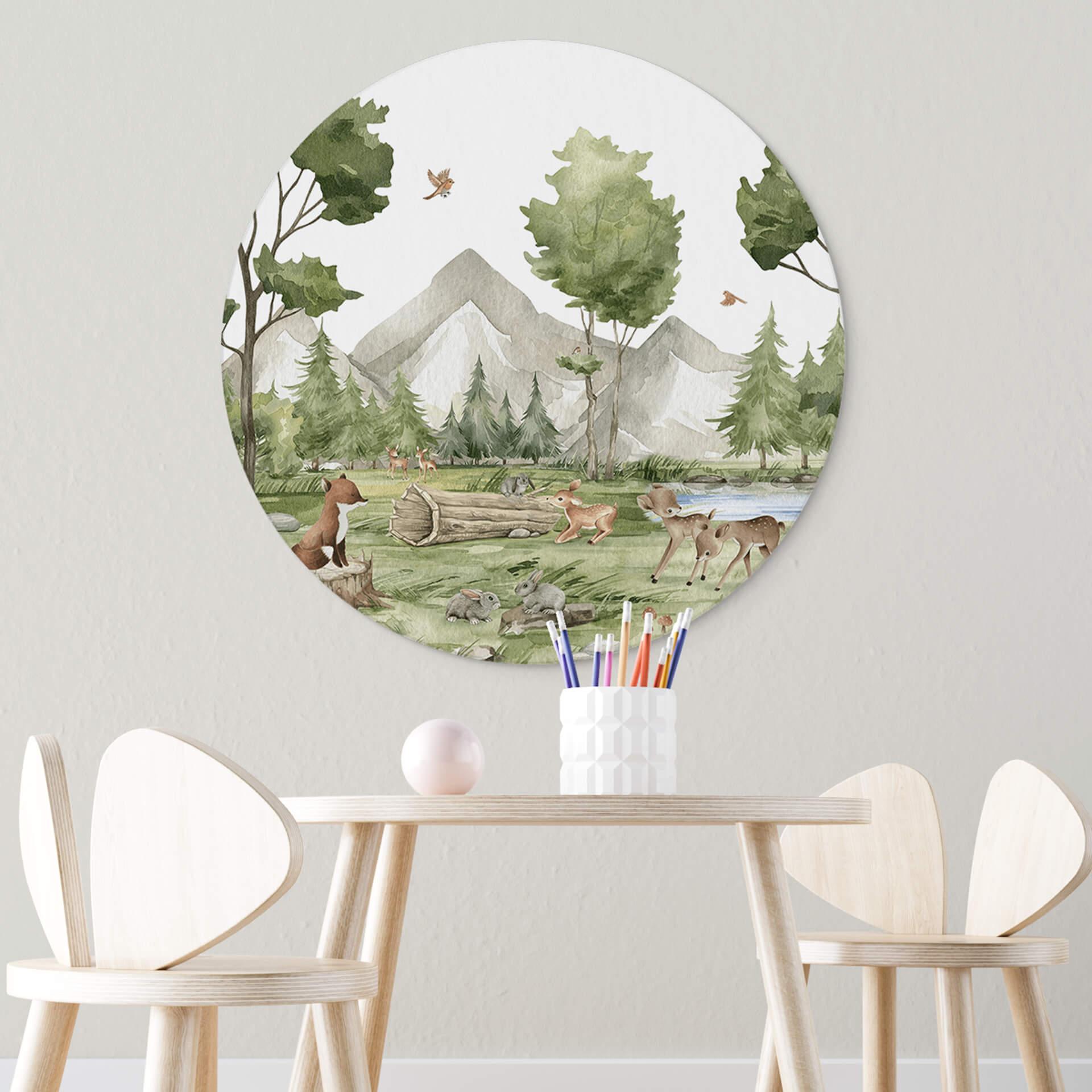Rundes Wandbild Oliver Robins - Niedliche Tiere im Wald - Alu-Dibond