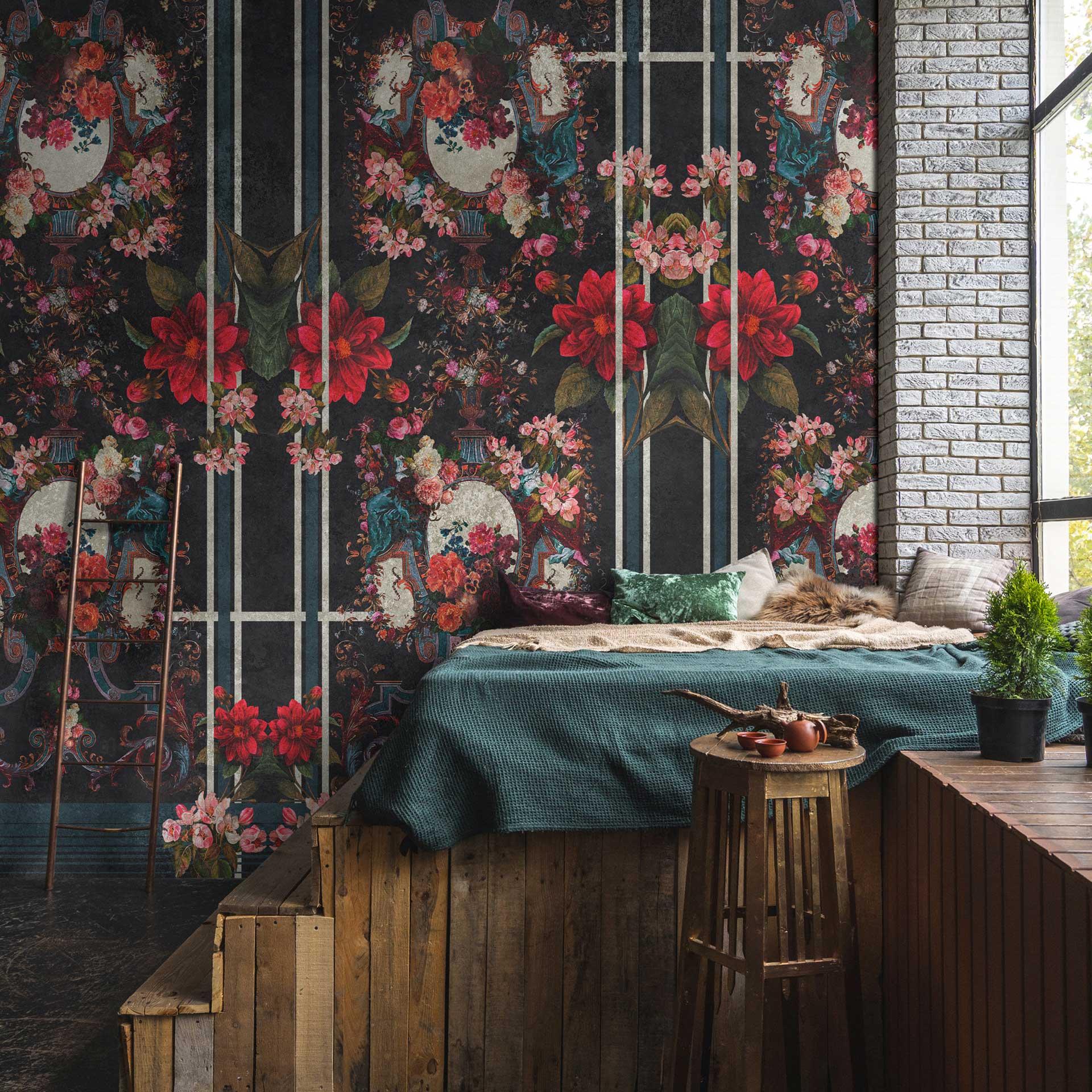 Renæssancehave tapet - blomstret tapet på sort - non-woven